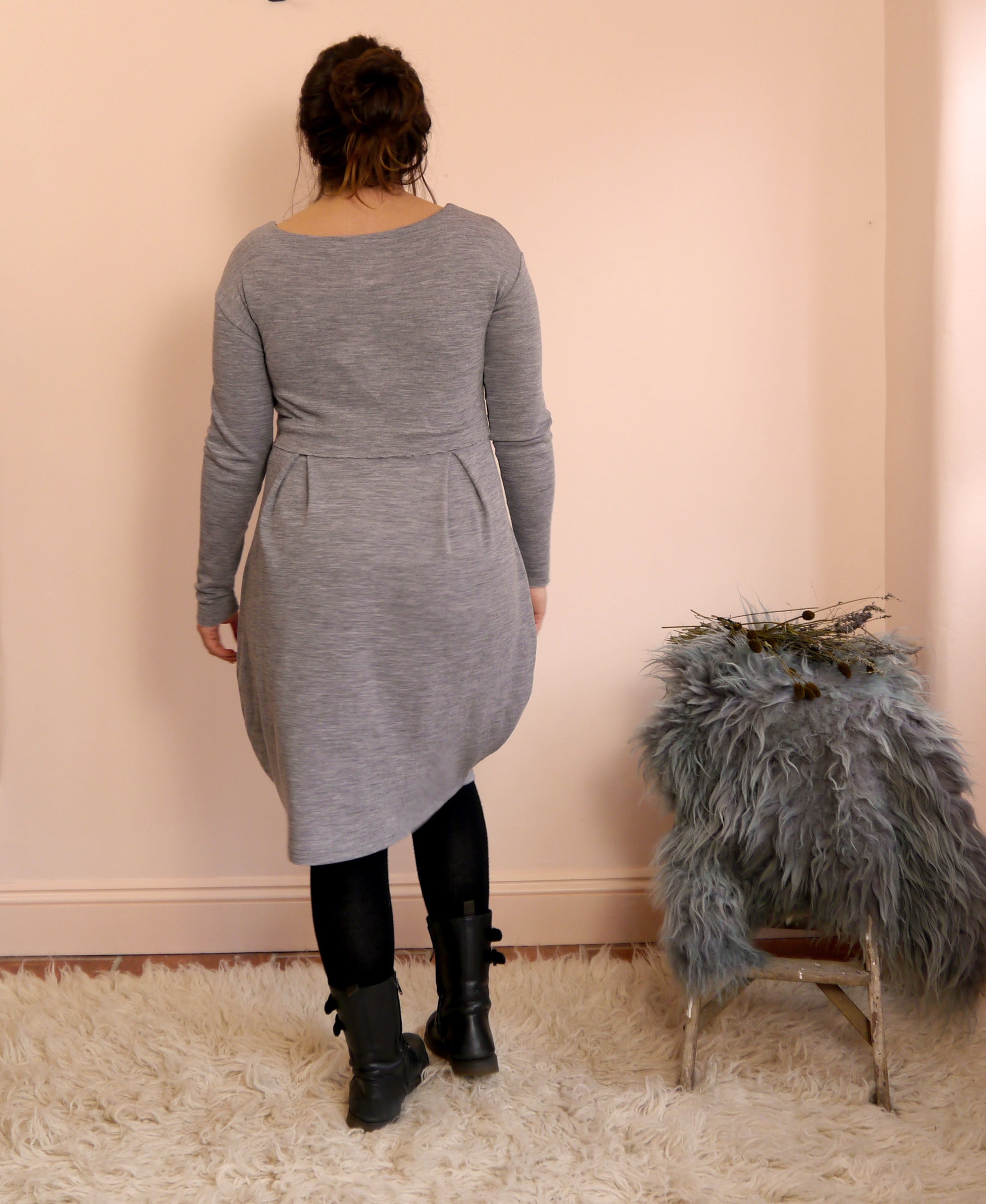 Merino Wool Round Neck Empire Waist Pleat Dress in Smoke Marl