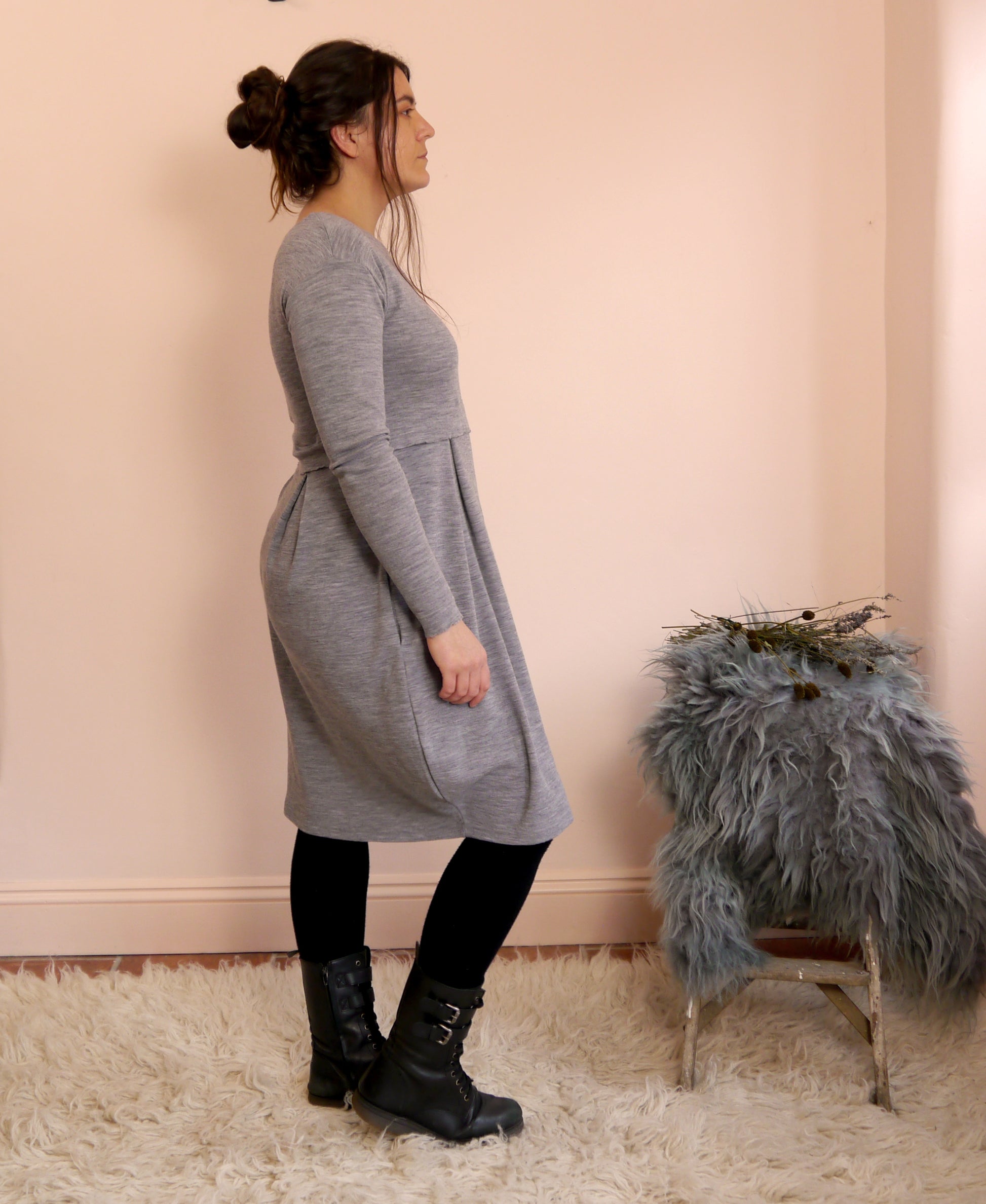 Merino Wool Round Neck Empire Waist Pleat Dress in Smoke Marl