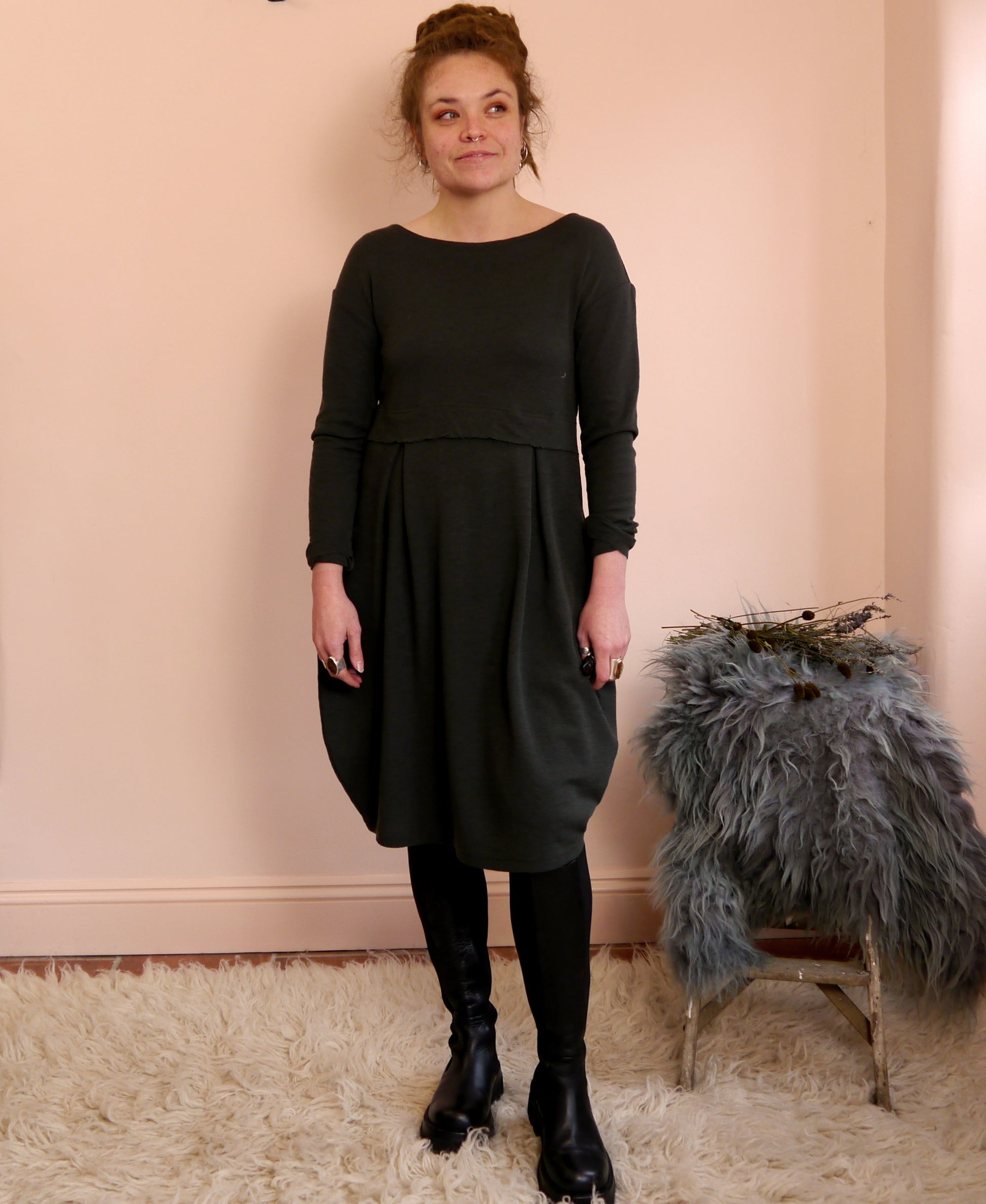 Merino Wool Round Neck Empire Waist Pleat Dress in Raven