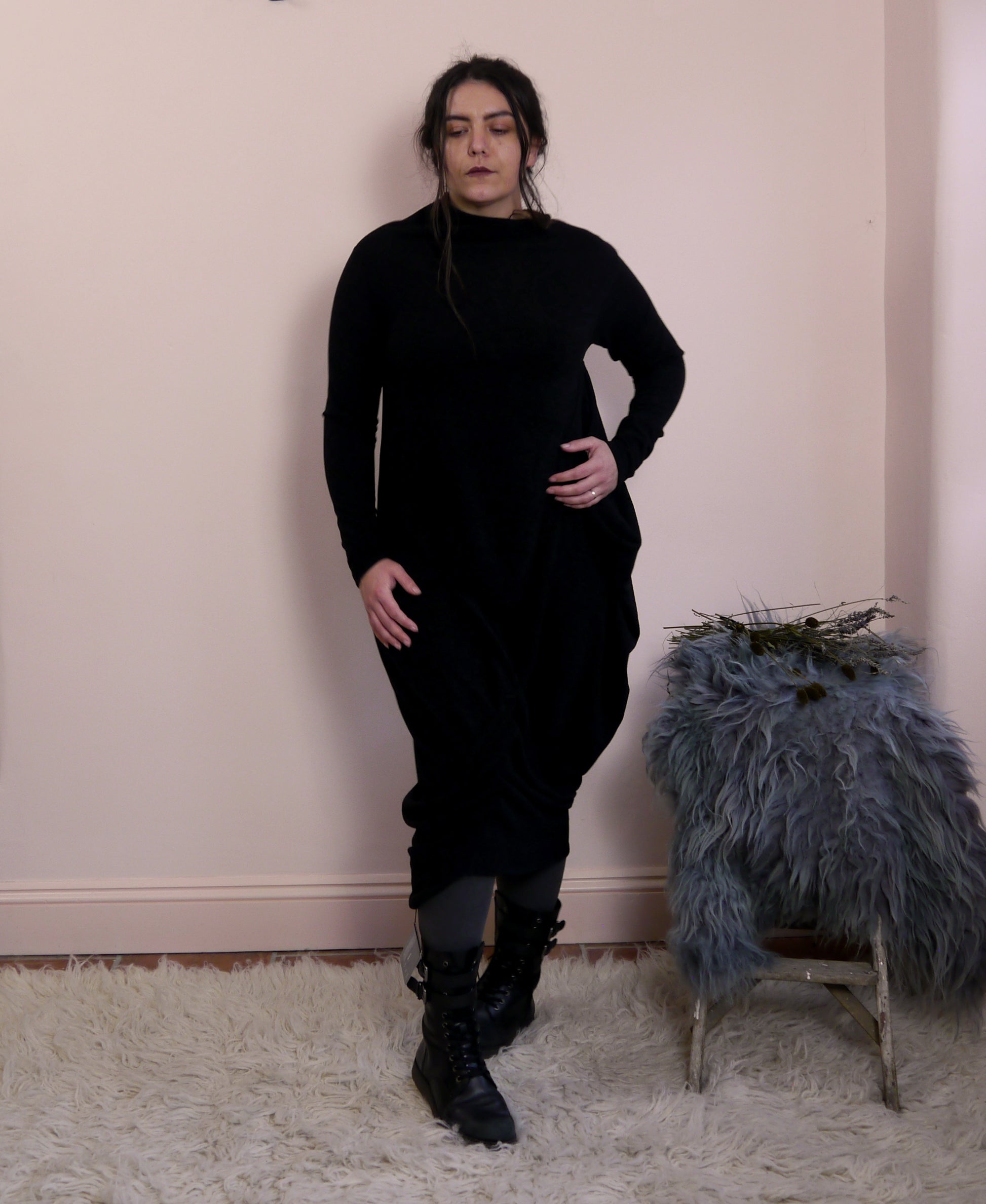 Sartoria Ismara Wool Asymmetric Drape Midi Maxi Dress in Black