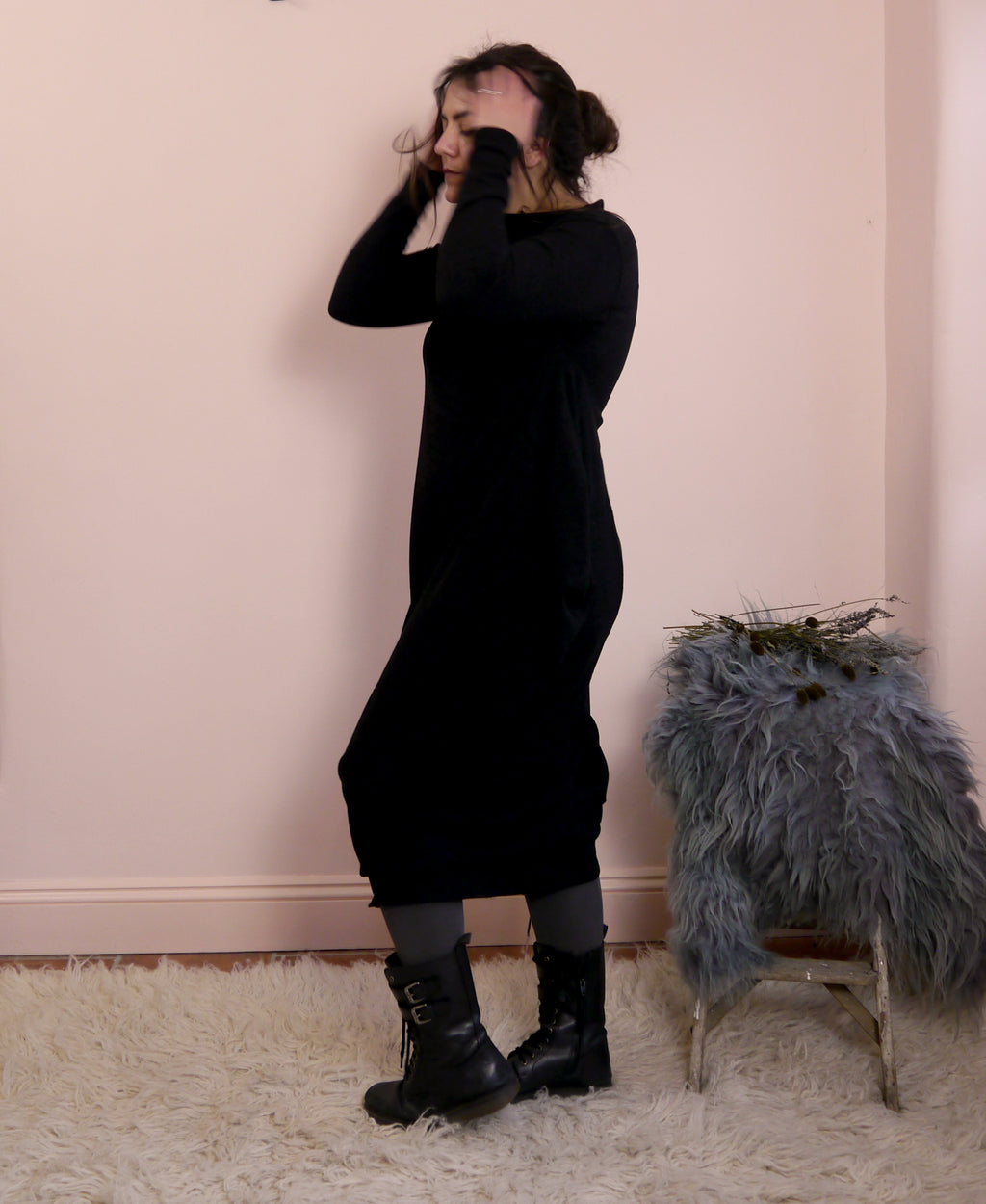 Sartoria Ismara Wool Asymmetric Drape Midi Maxi Dress in Black