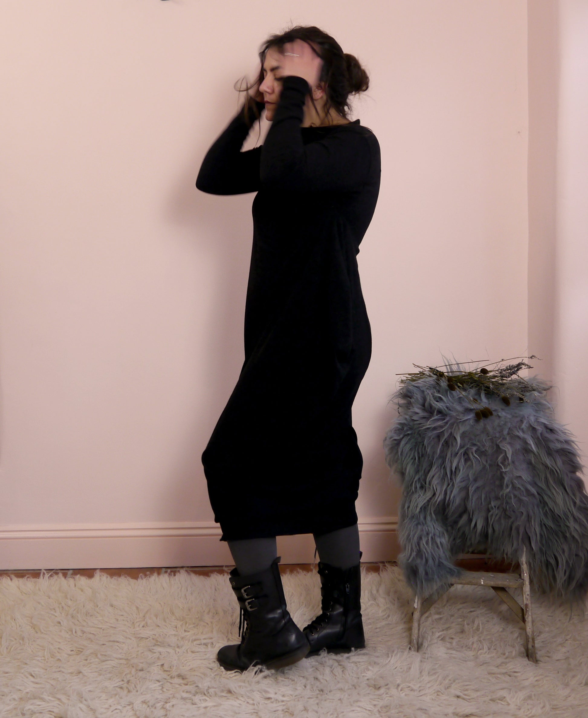 Sartoria Ismara Wool Asymmetric Drape Midi Maxi Dress in Black