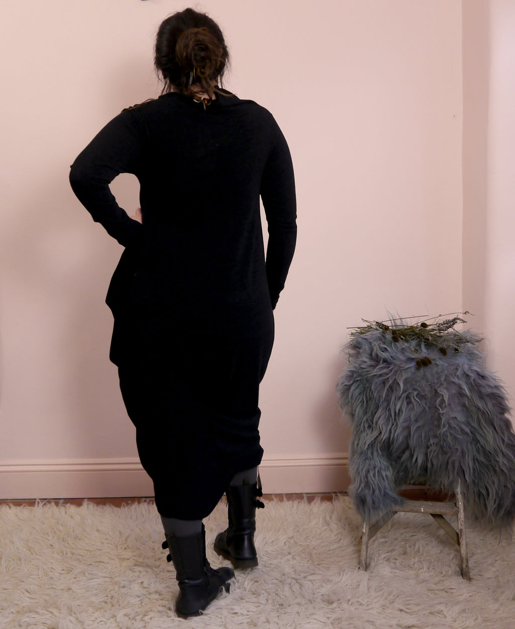 Sartoria Ismara Wool Asymmetric Drape Midi Maxi Dress in Black