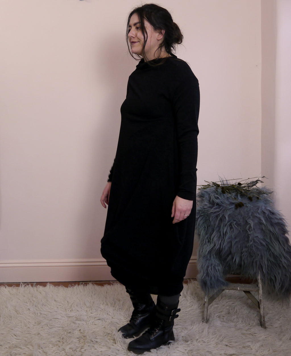 Sartoria Ismara Wool Asymmetric Drape Midi Maxi Dress in Black