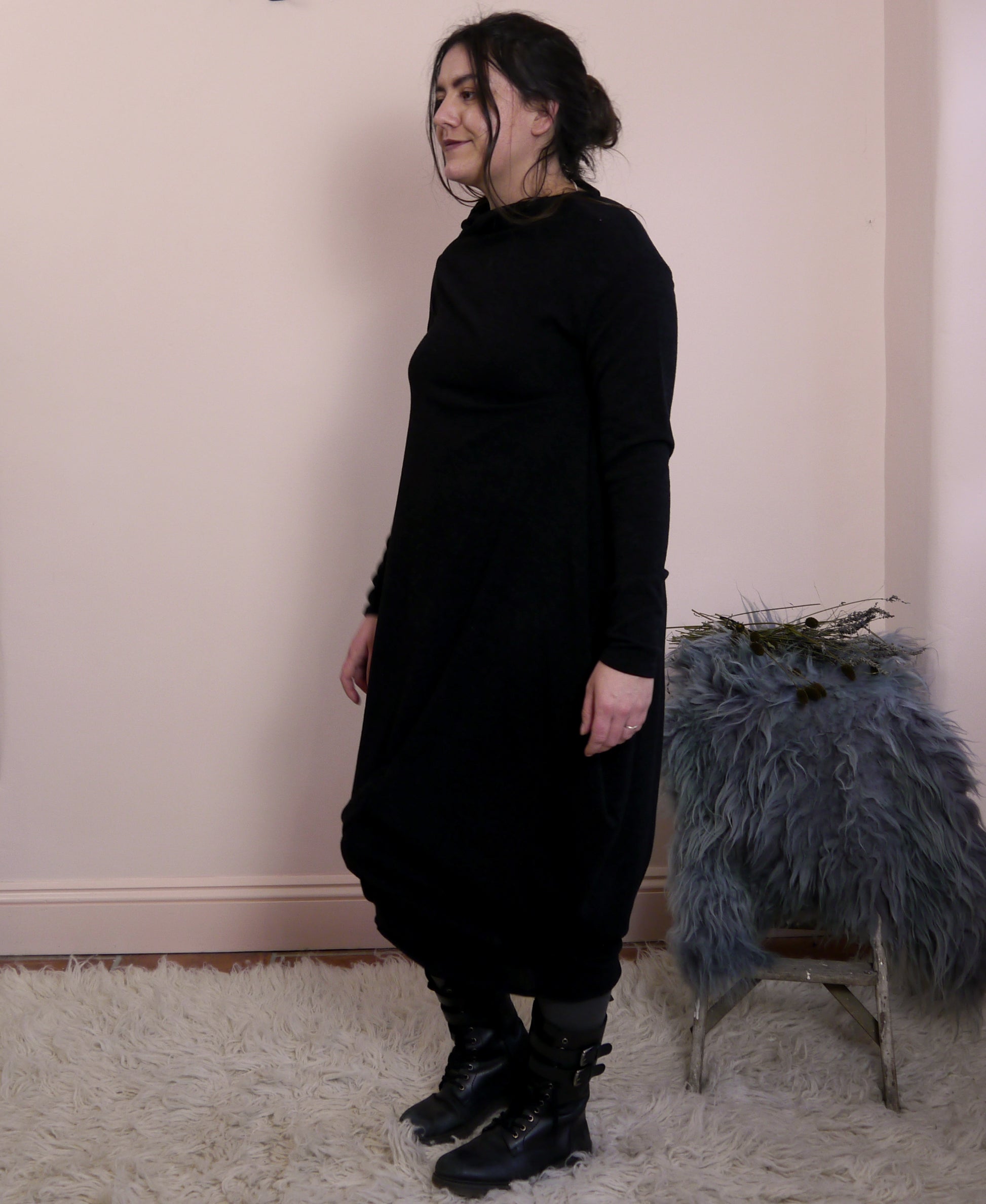 Sartoria Ismara Wool Asymmetric Drape Midi Maxi Dress in Black