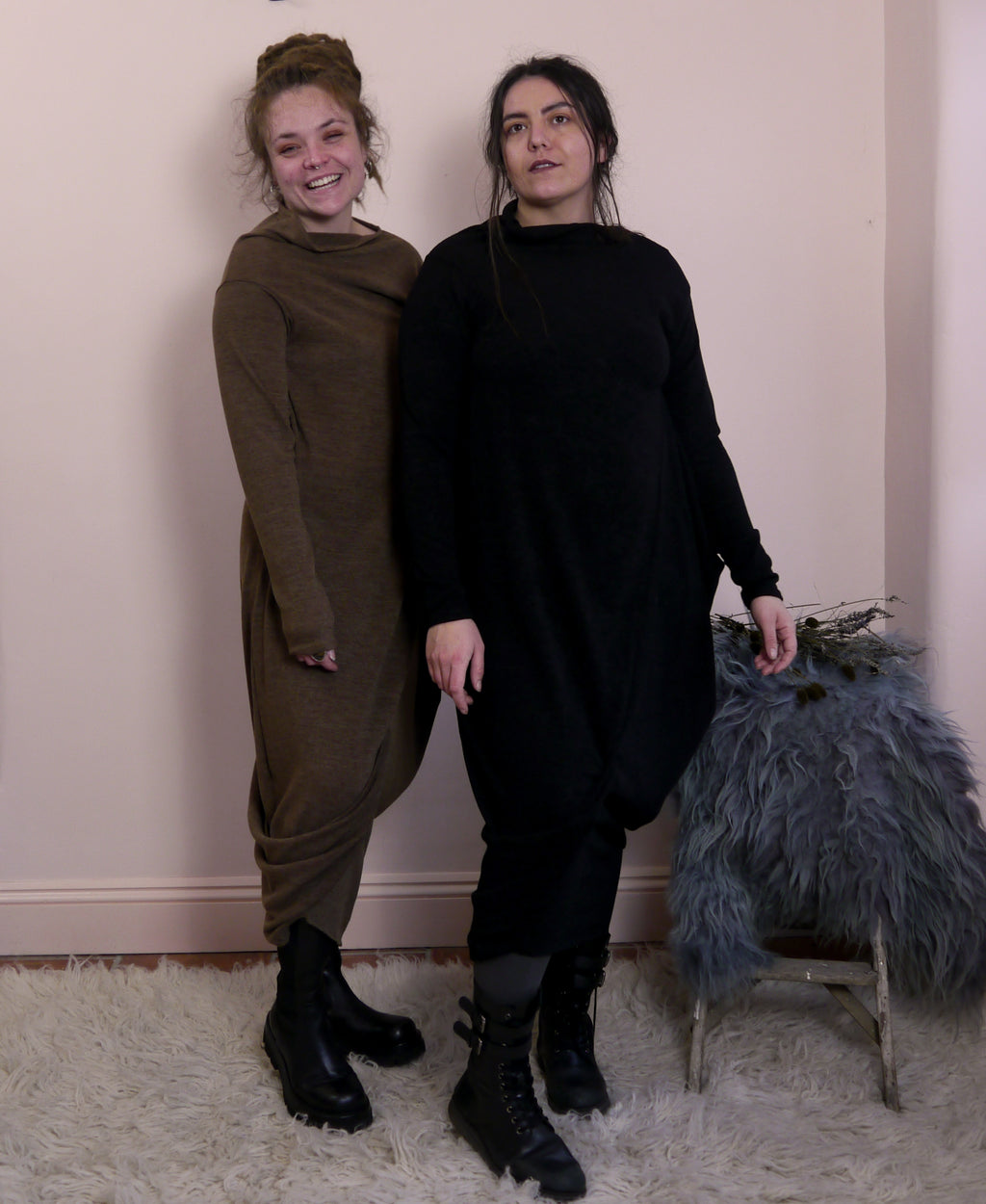 Sartoria Ismara Wool Asymmetric Drape Midi Maxi Dress in Black