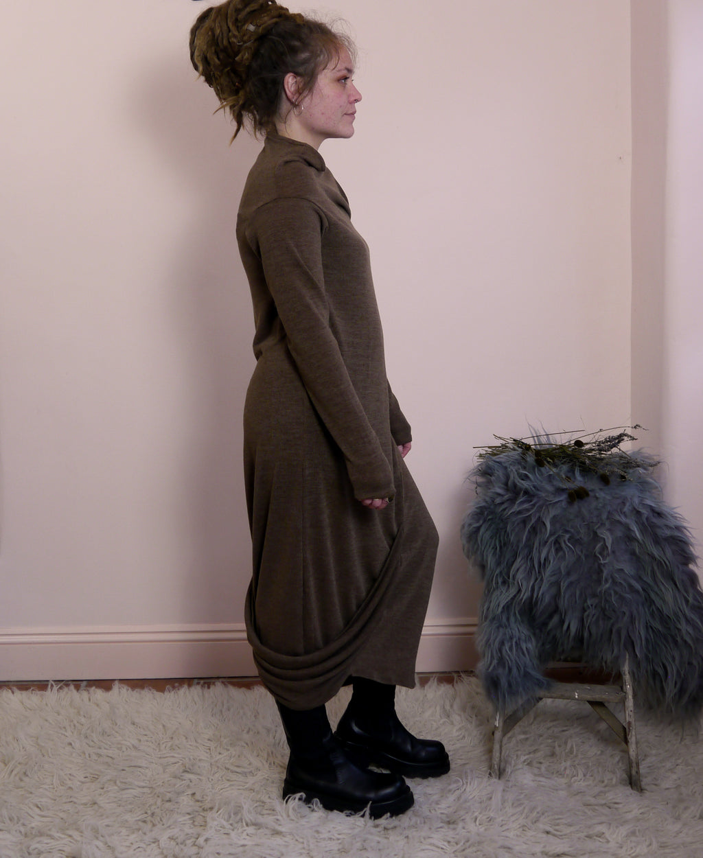 Sartoria Ismara Wool Asymmetric Drape Midi Maxi Dress in Toffee