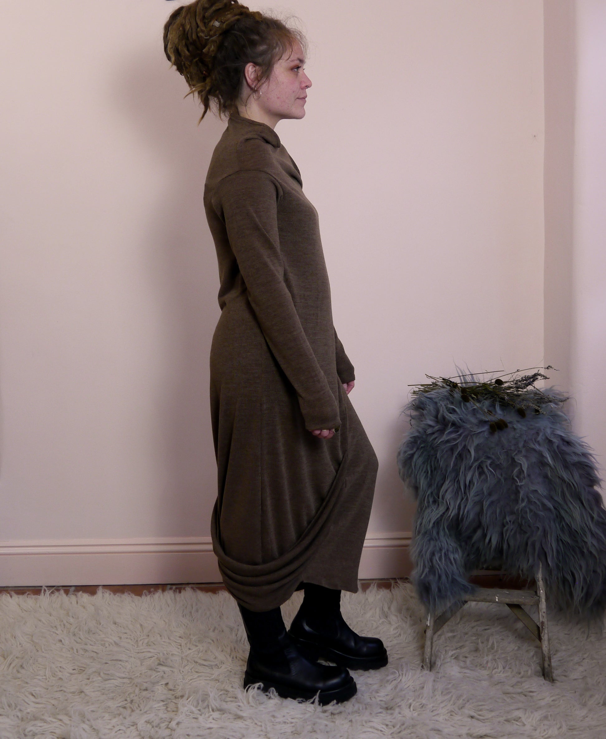 Sartoria Ismara Wool Asymmetric Drape Midi Maxi Dress in Toffee