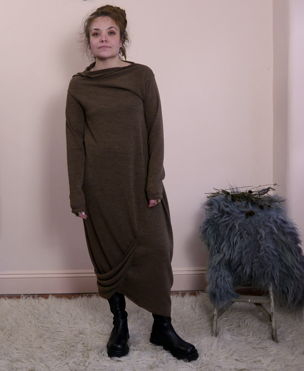 Sartoria Ismara Wool Asymmetric Drape Midi Maxi Dress in Toffee