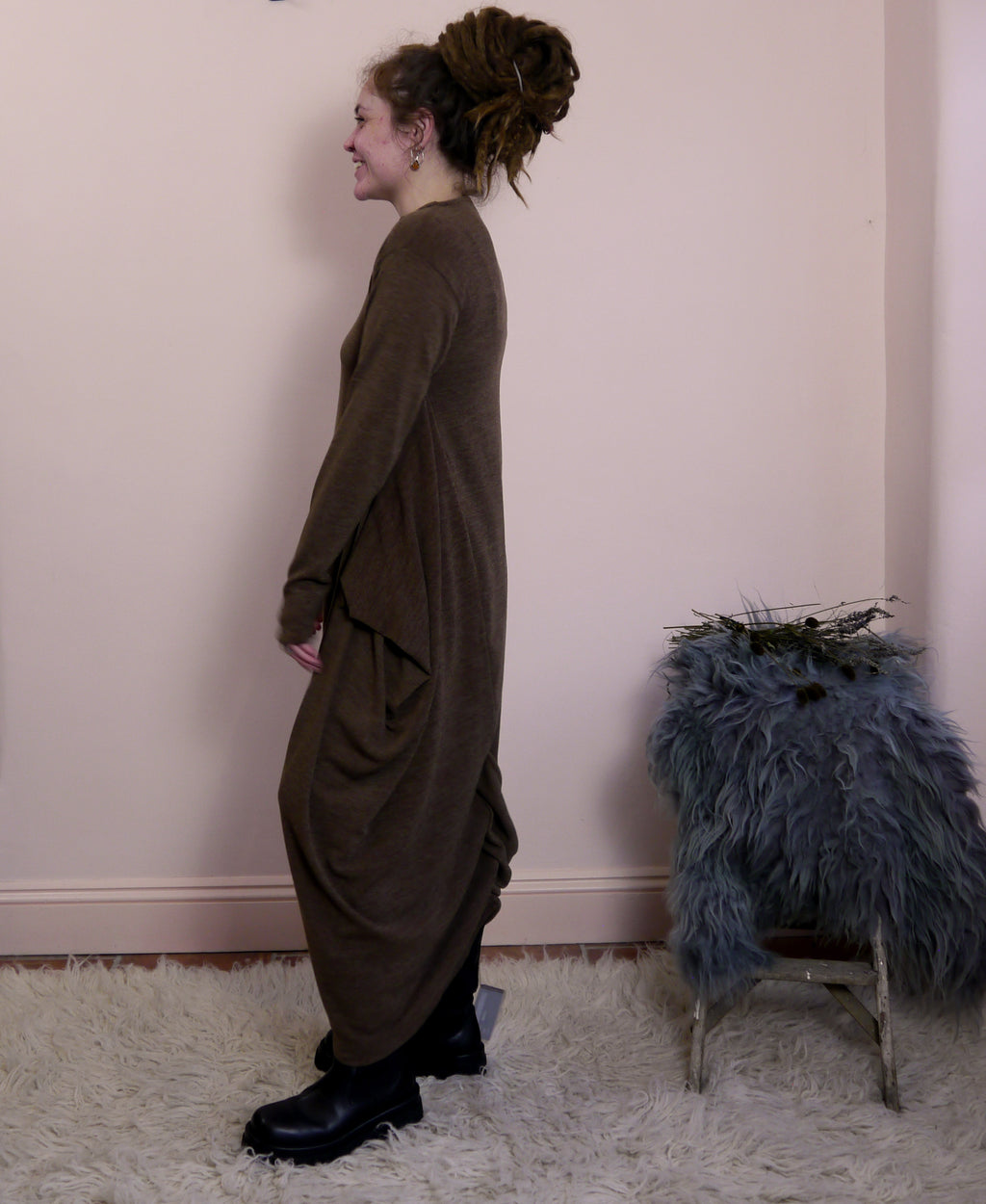 Sartoria Ismara Wool Asymmetric Drape Midi Maxi Dress in Toffee