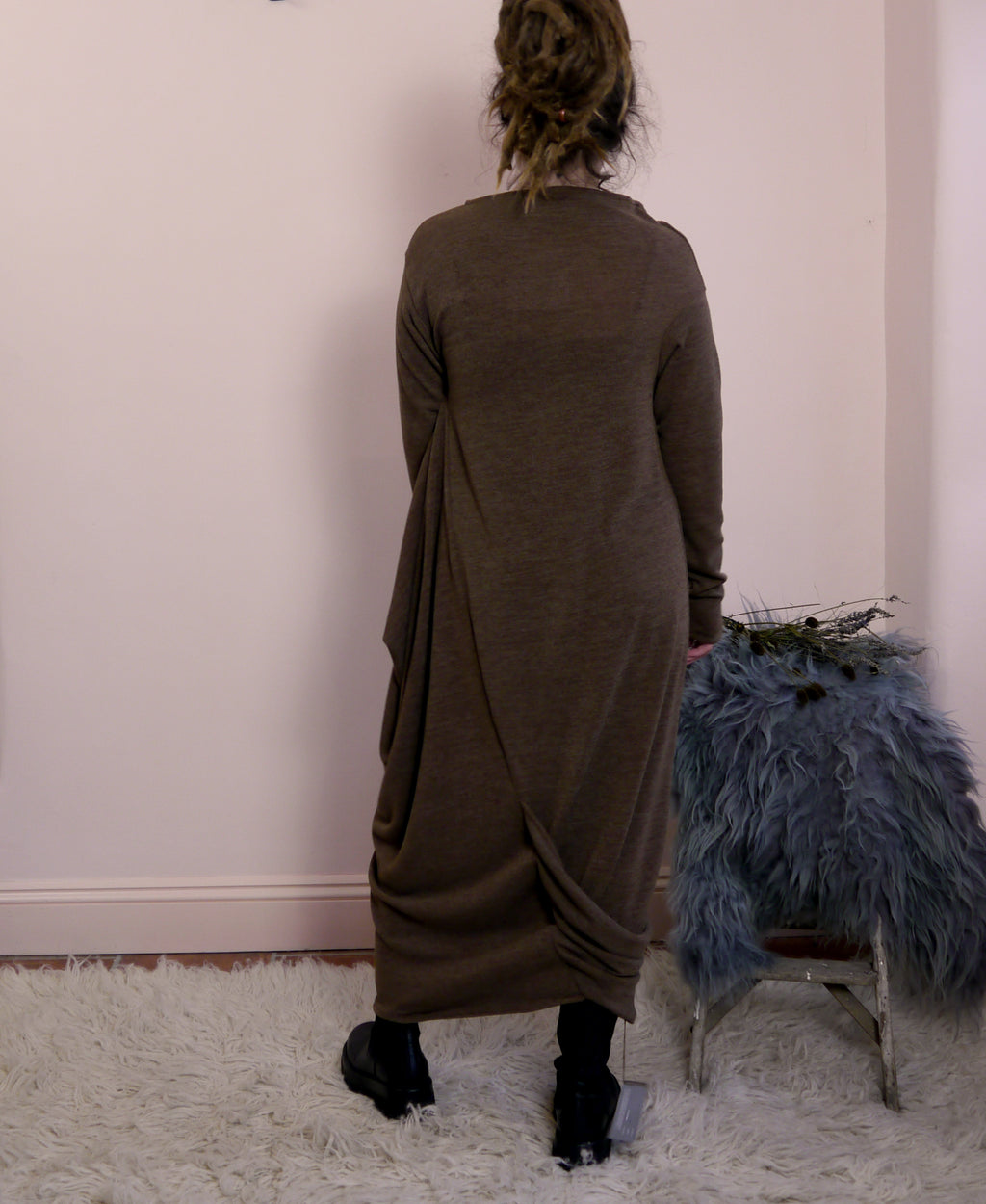 Sartoria Ismara Wool Asymmetric Drape Midi Maxi Dress in Toffee