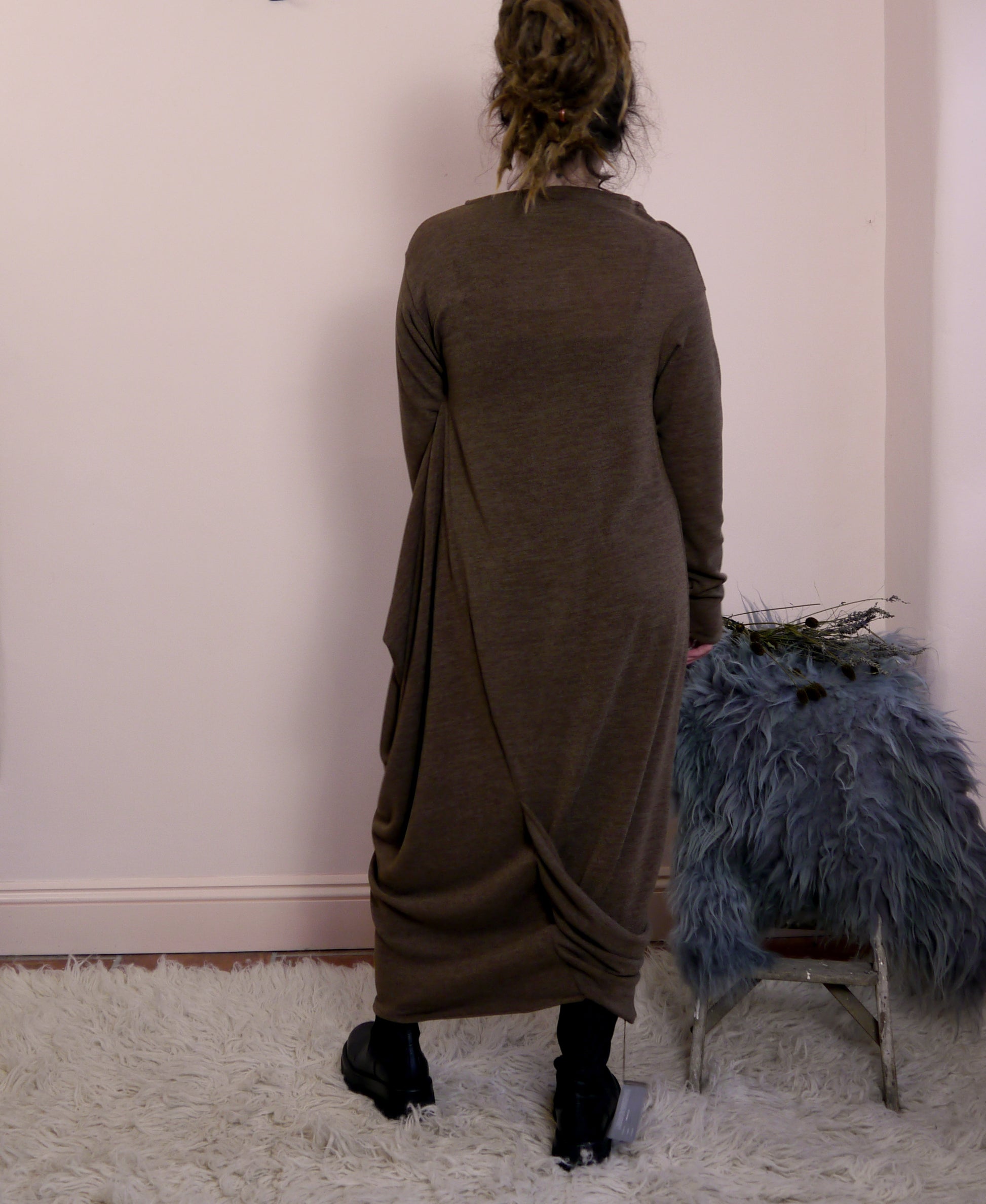 Sartoria Ismara Wool Asymmetric Drape Midi Maxi Dress in Toffee