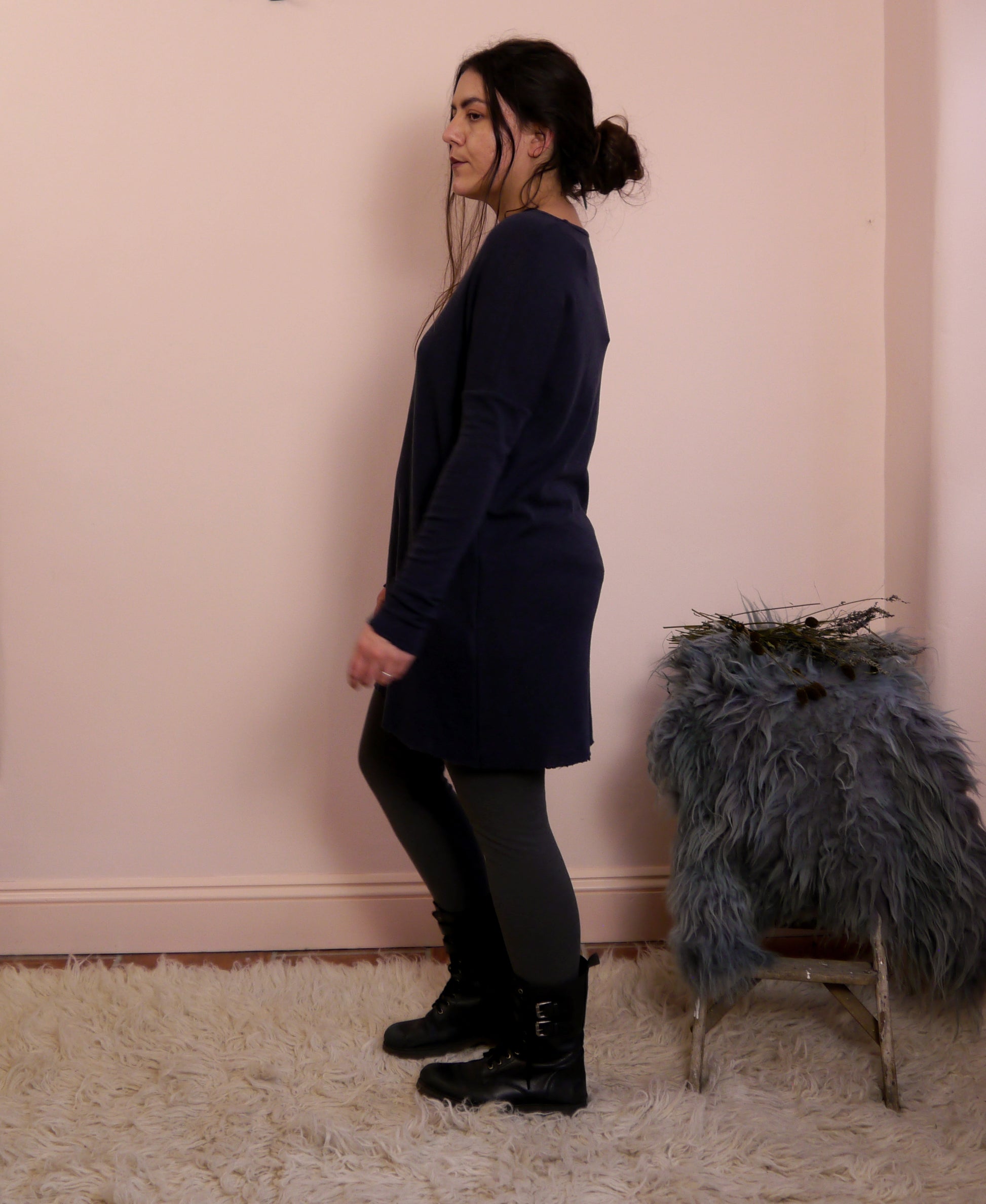 Merino Wool V-Neck Tunic Dress in Charcoal