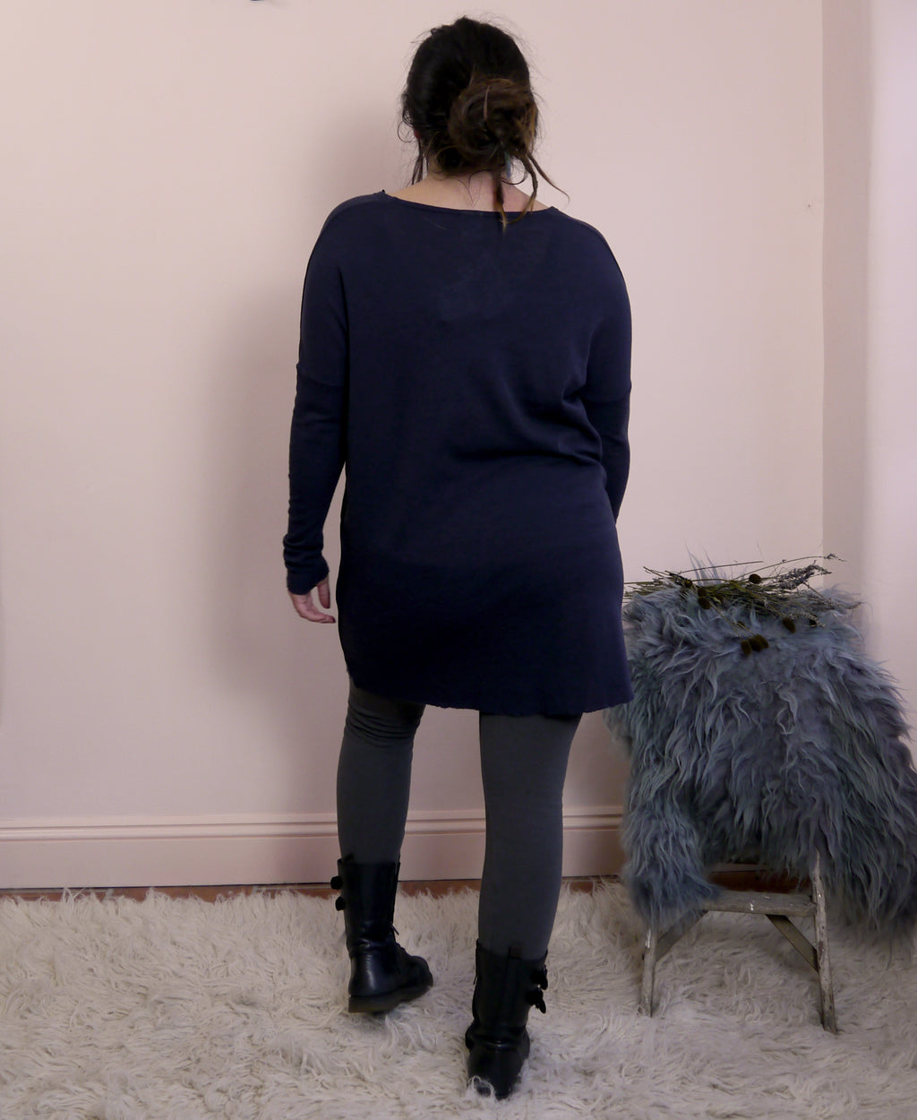 Merino Wool V-Neck Tunic Dress in Charcoal