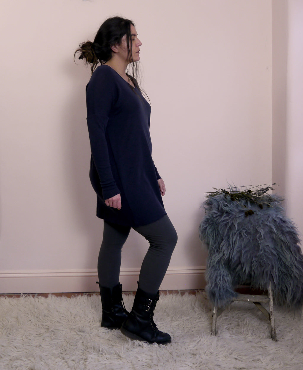 Merino Wool V-Neck Tunic Dress in Charcoal