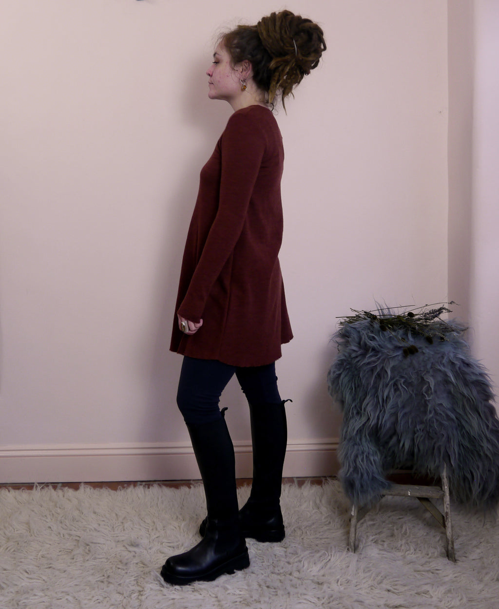 Merino Wool Round Neck A-Line Tunic in Rosewood Marl