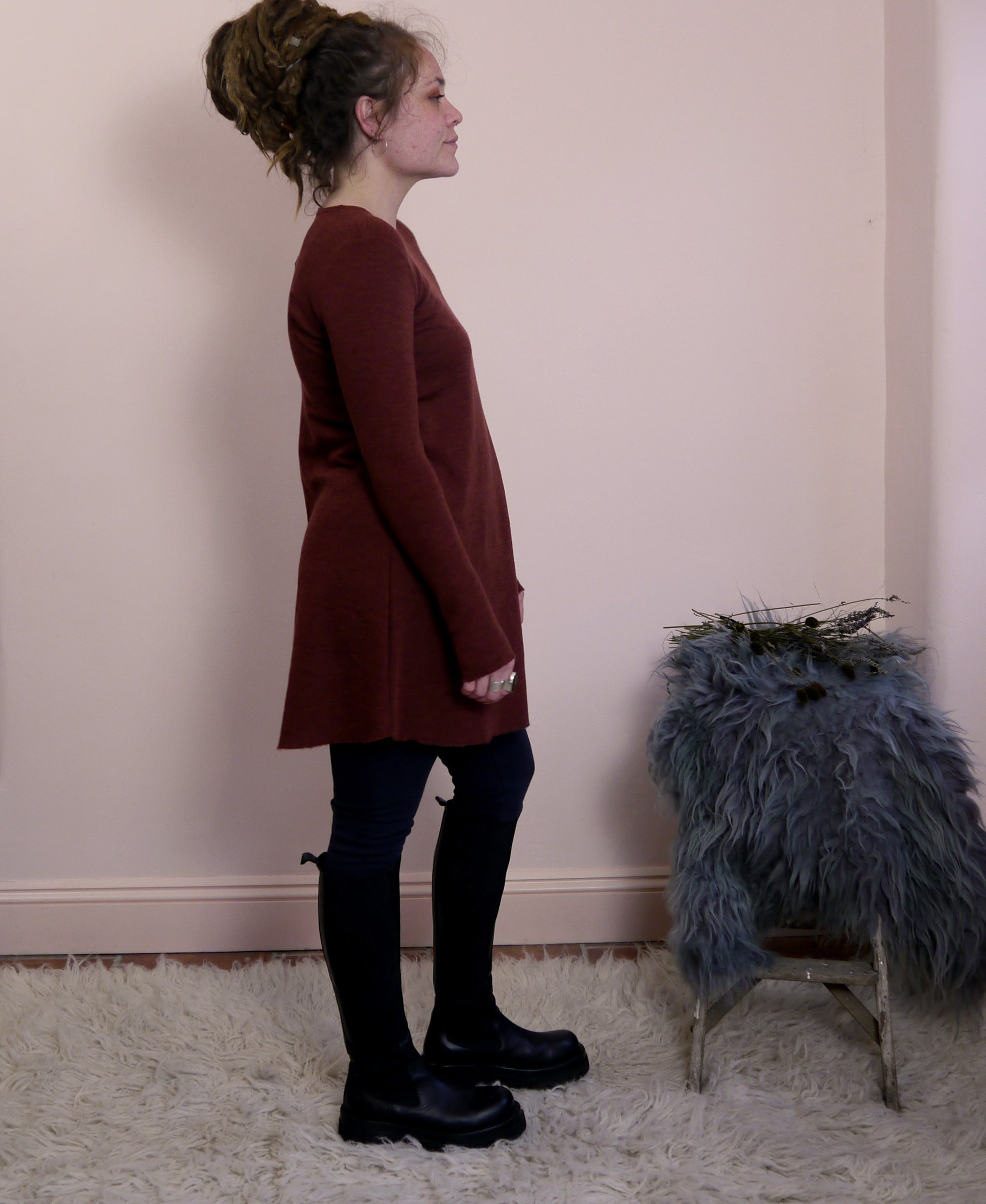 Merino Wool Round Neck A-Line Tunic in Rosewood Marl