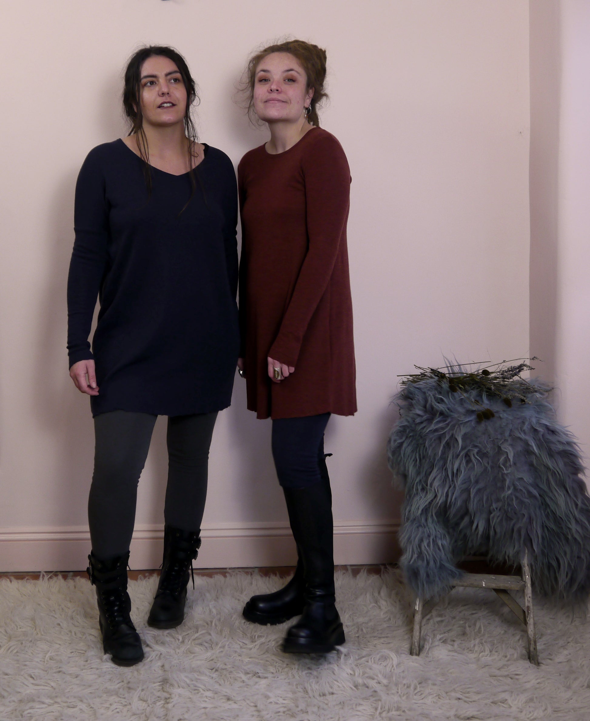 Merino Wool V-Neck Tunic Dress in Charcoal