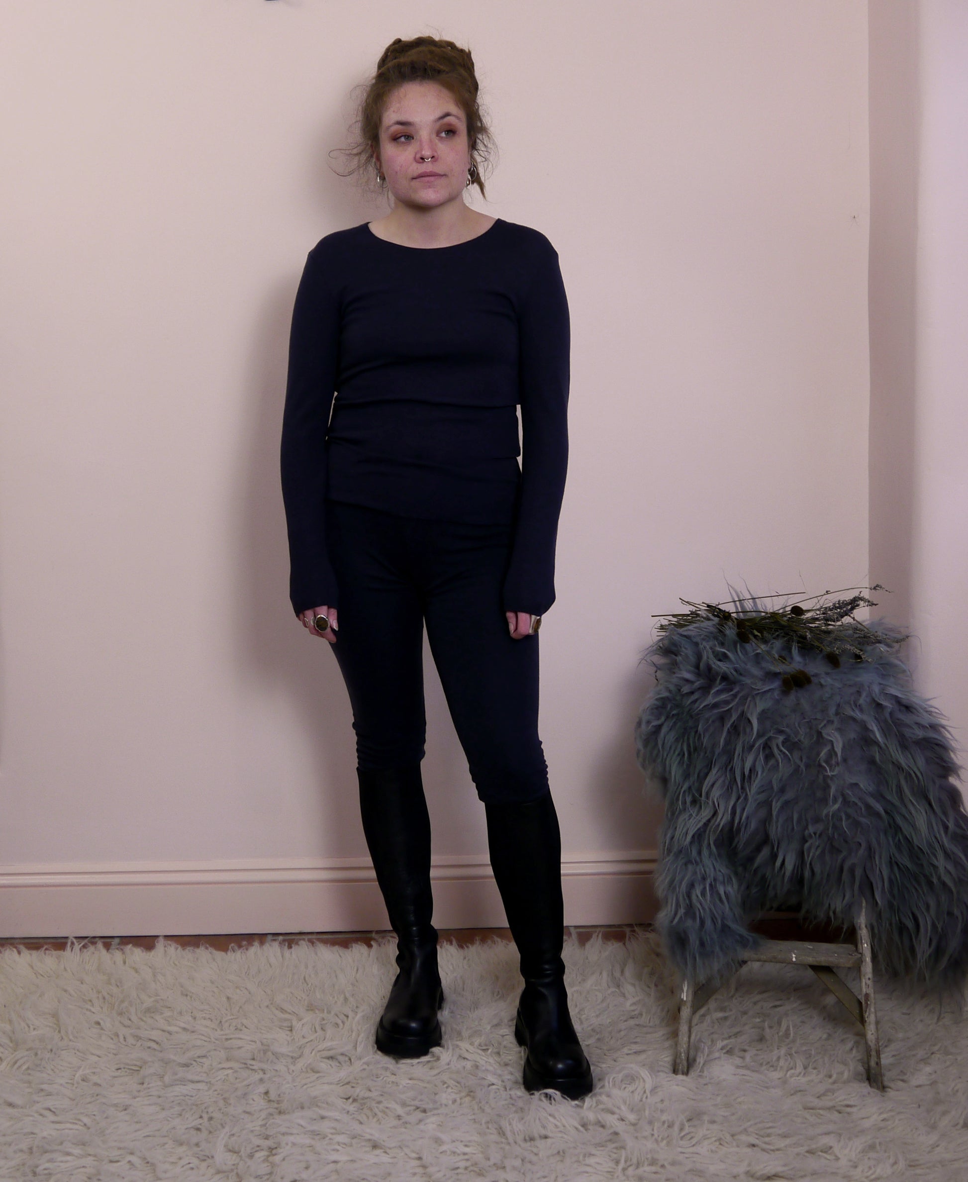 Long Sleeve Merino Wool Top in Charcoal