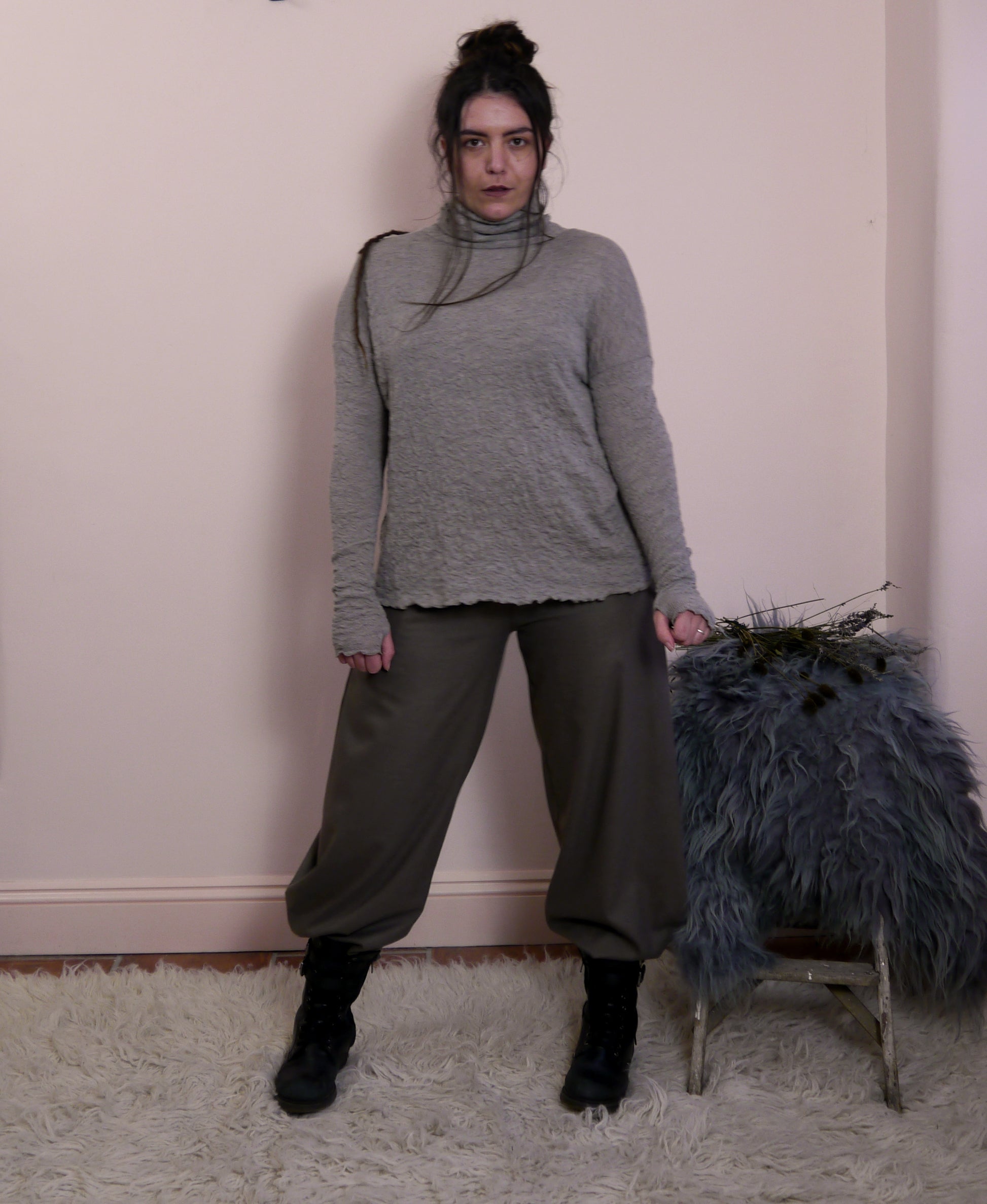 Merino Wool Textured Roll Neck Jumper in Elephant Marl