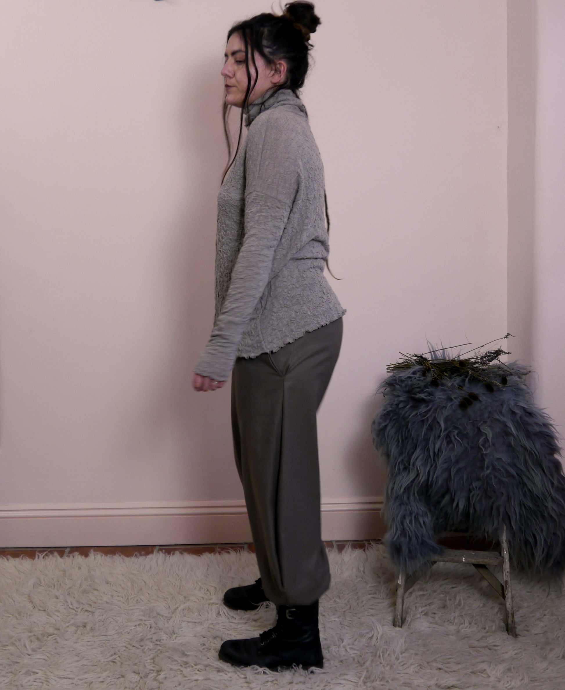 Merino Wool Textured Roll Neck Jumper in Elephant Marl