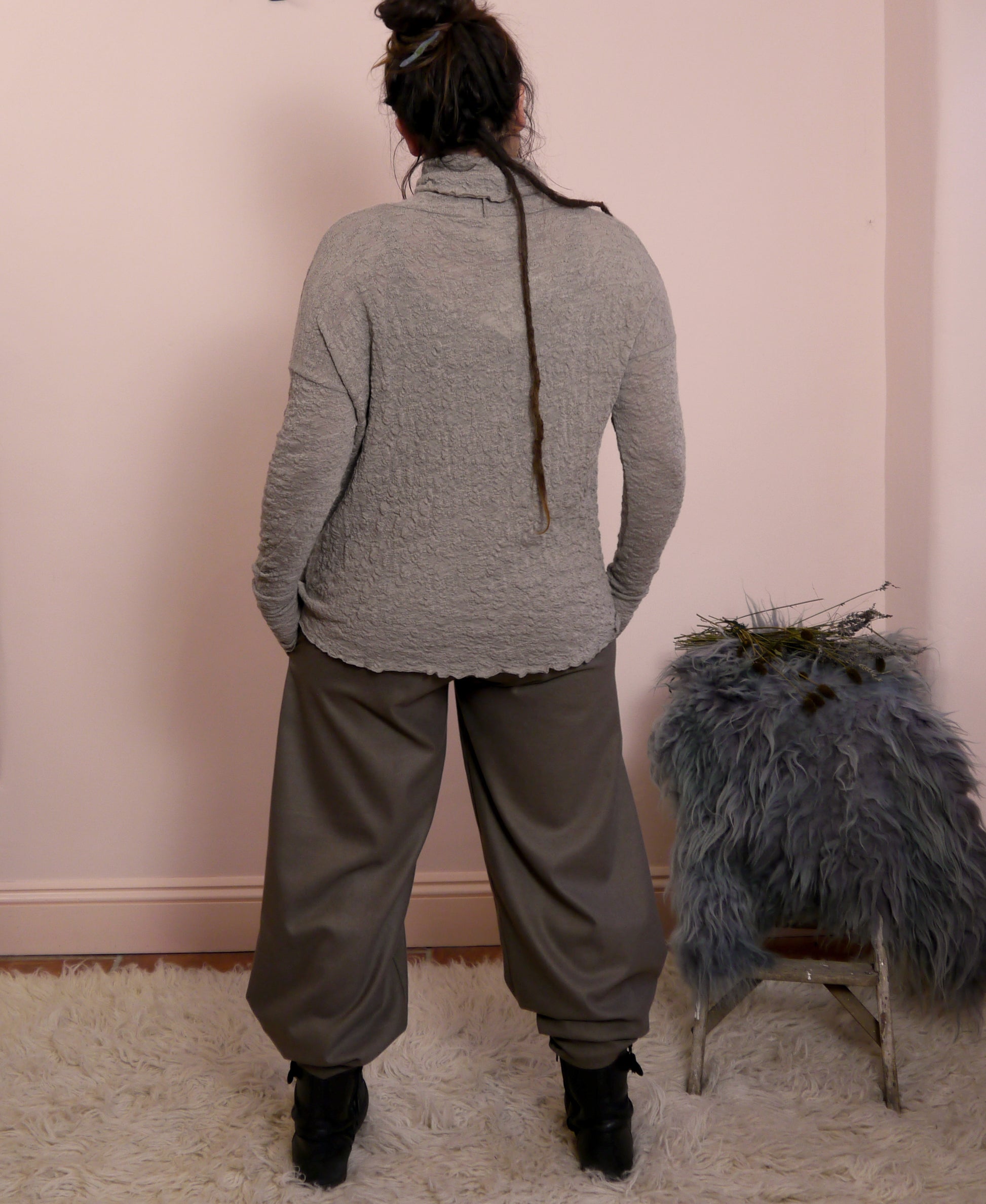 Merino Wool Textured Roll Neck Jumper in Elephant Marl