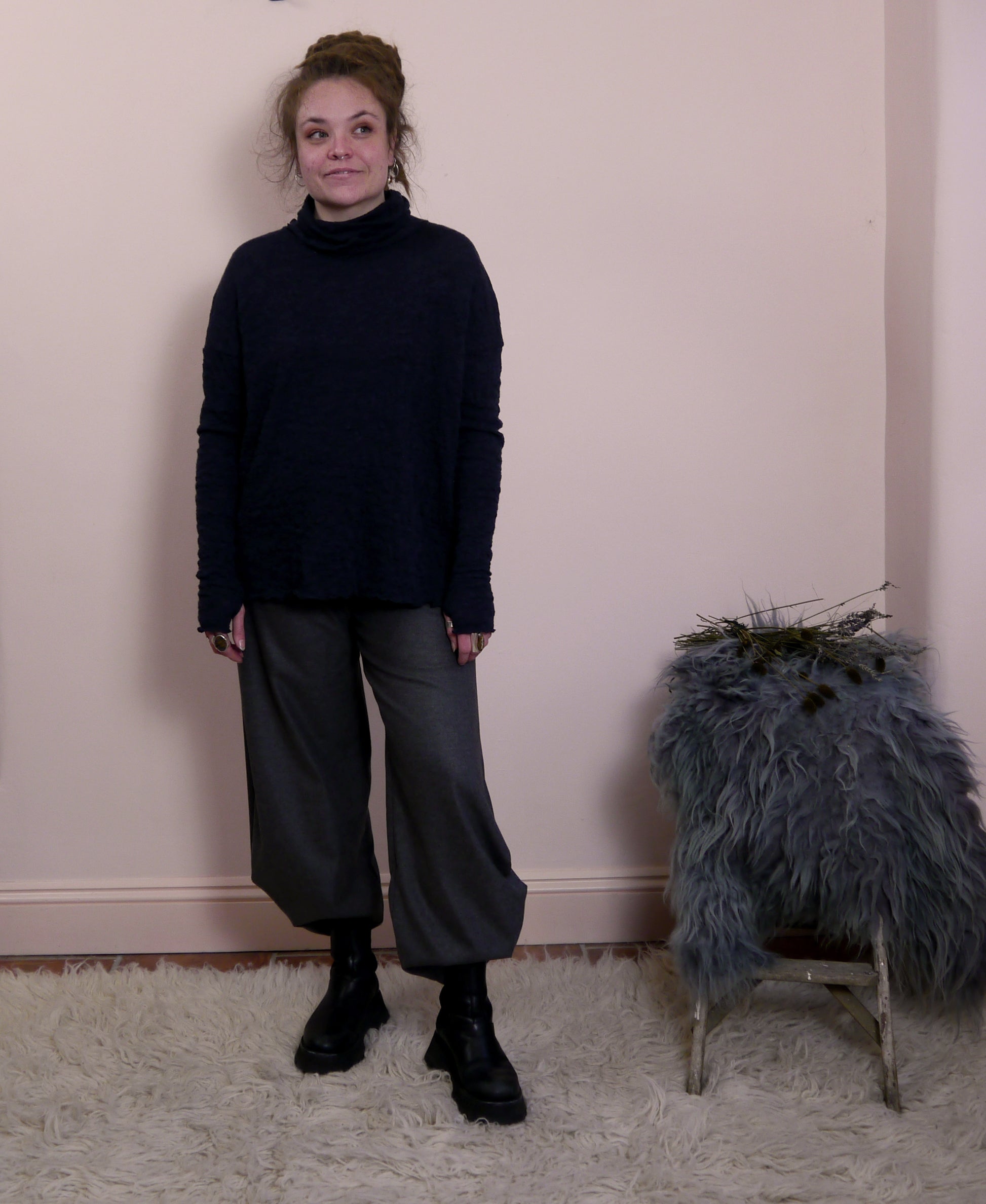 Merino Wool Textured Turtle Neck Jumper in Midnight