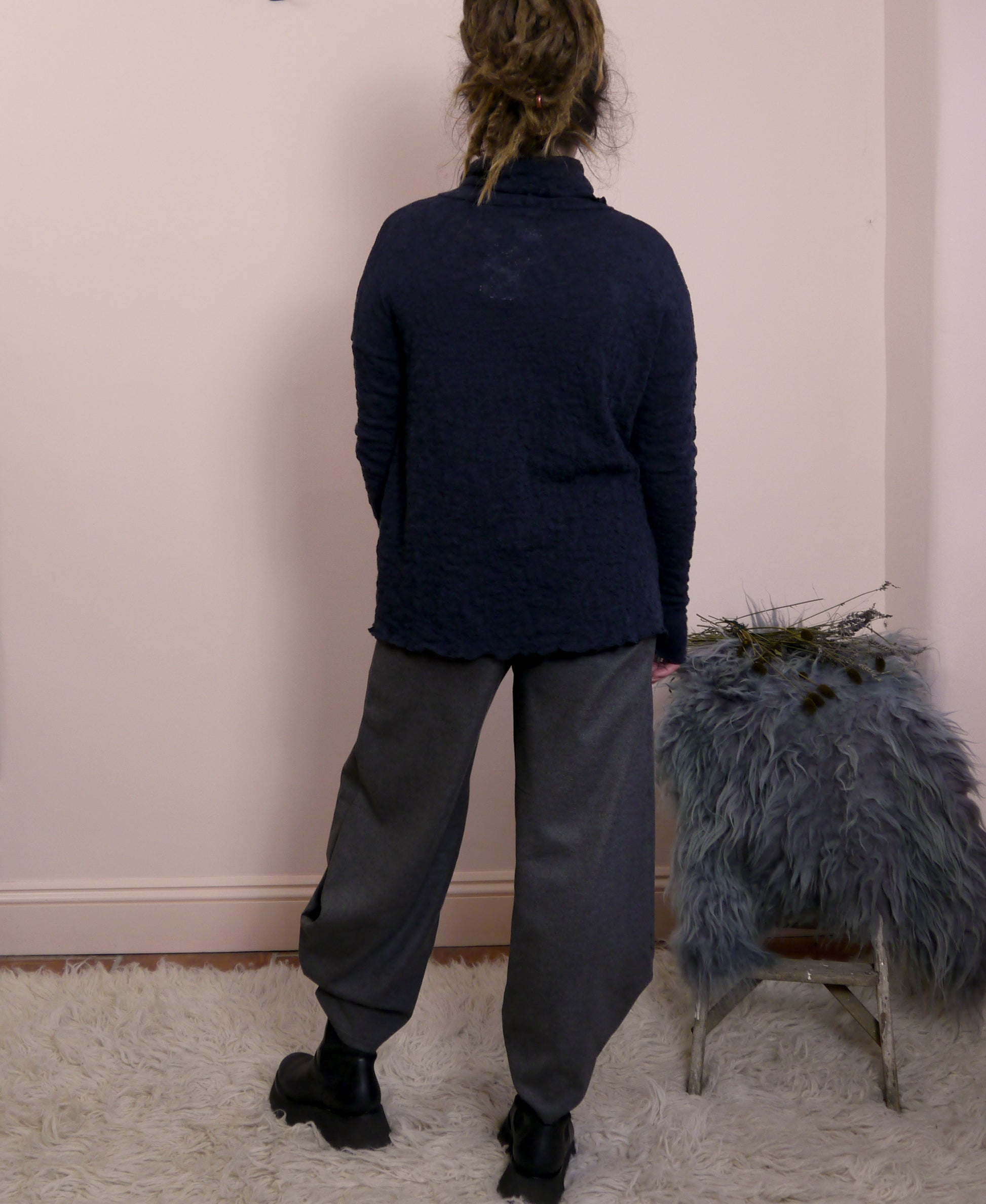 Merino Wool Textured Turtle Neck Jumper in Midnight