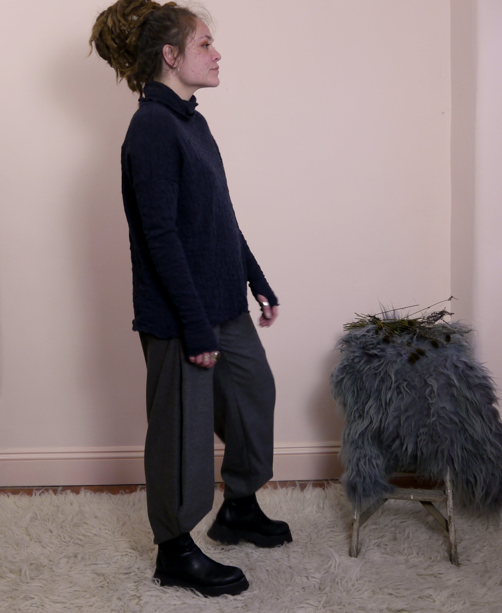 Merino Wool Textured Turtle Neck Jumper in Midnight