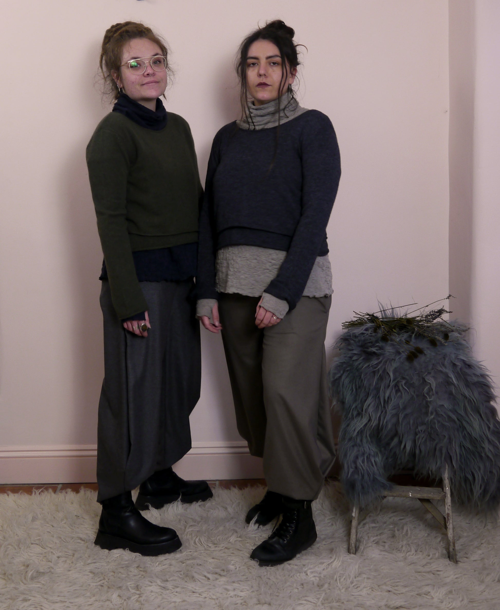 Lambswool/Cashmere Cropped Layered Jumper in Fir Green