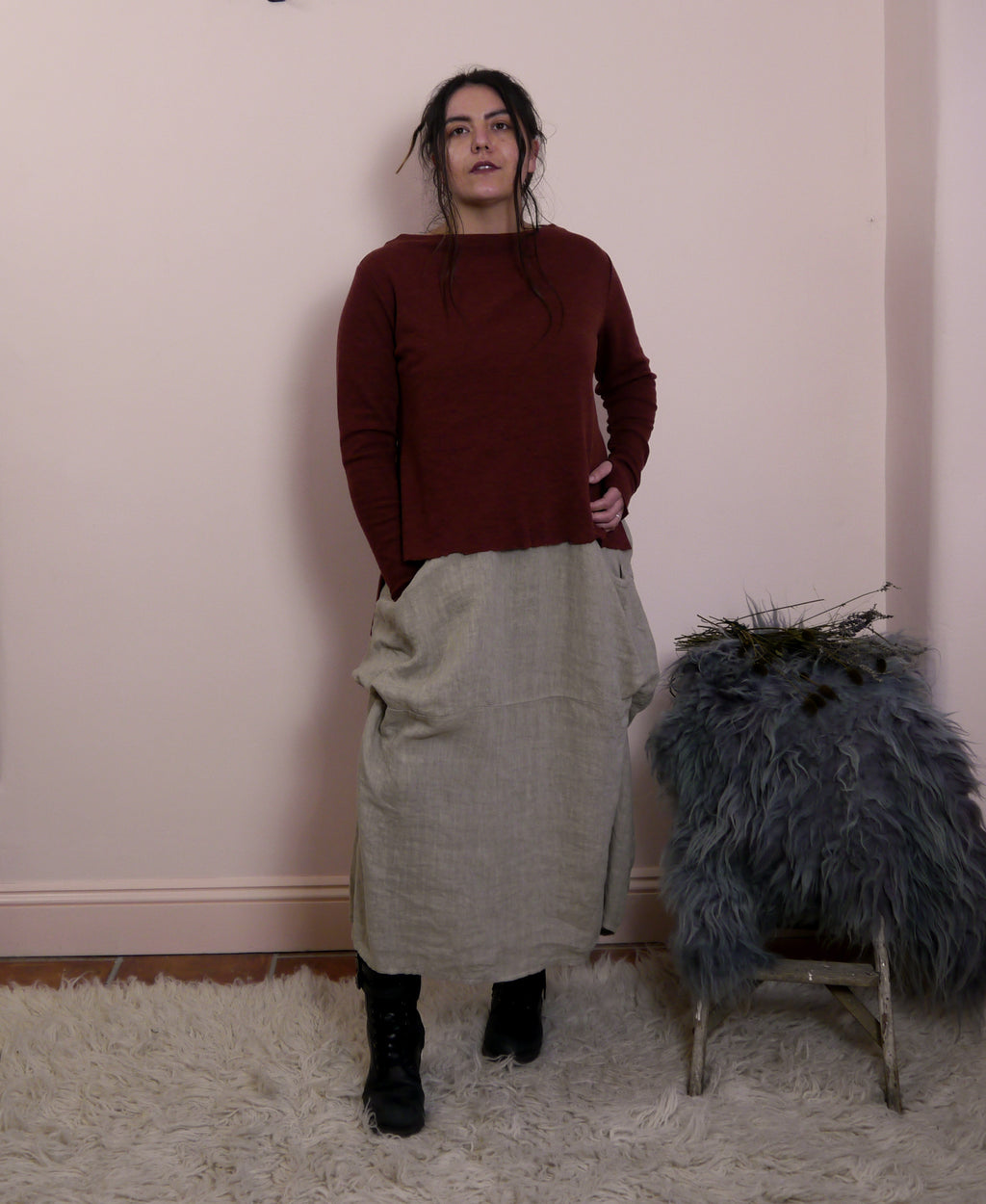 Merino Wool Jumper with High Neck and Side Splits in Rosewood