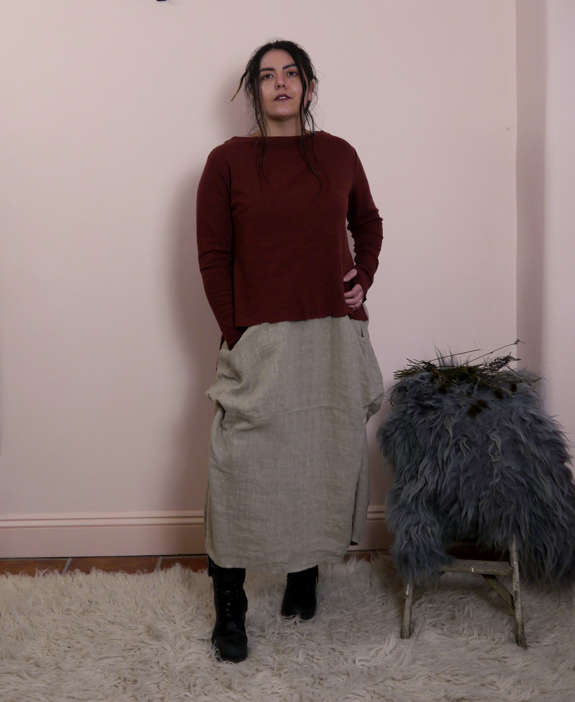 Merino Wool Jumper with High Neck and Side Splits in Rosewood