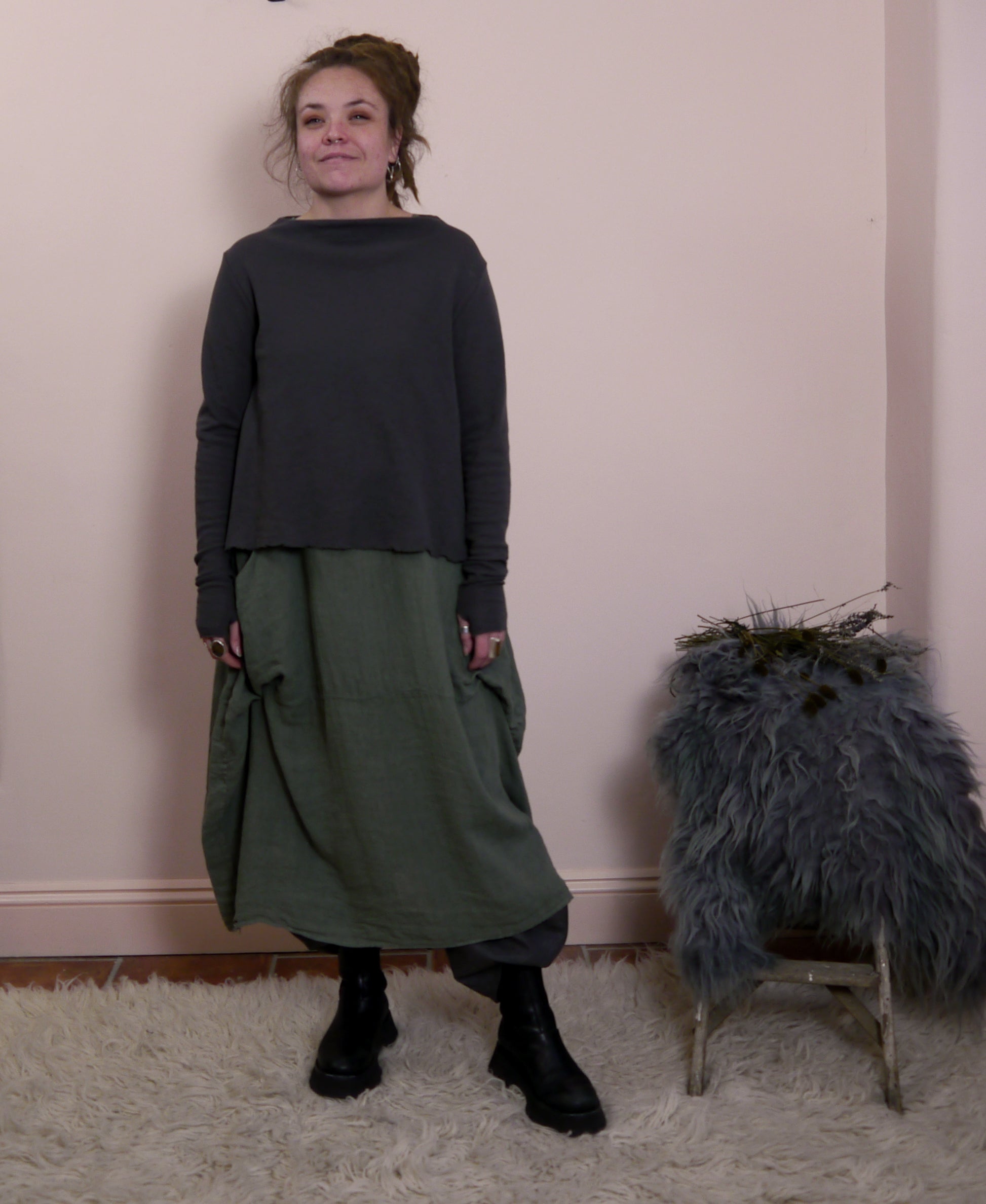 Linen Sleeveless Maxi Cocoon Dress with Pockets in Lichen