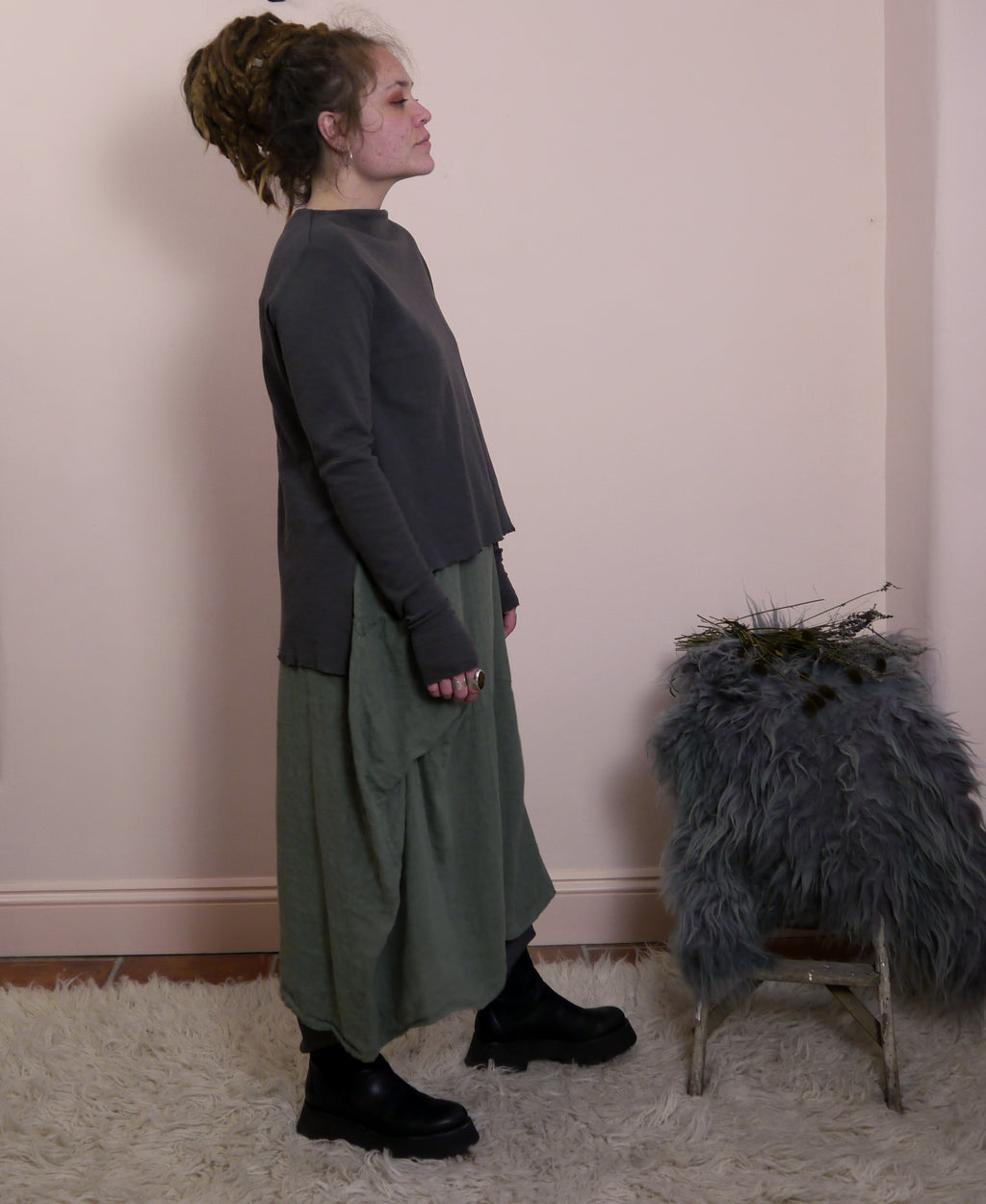 Merino Wool Jumper with High Neck and Side Splits in Black Coffee