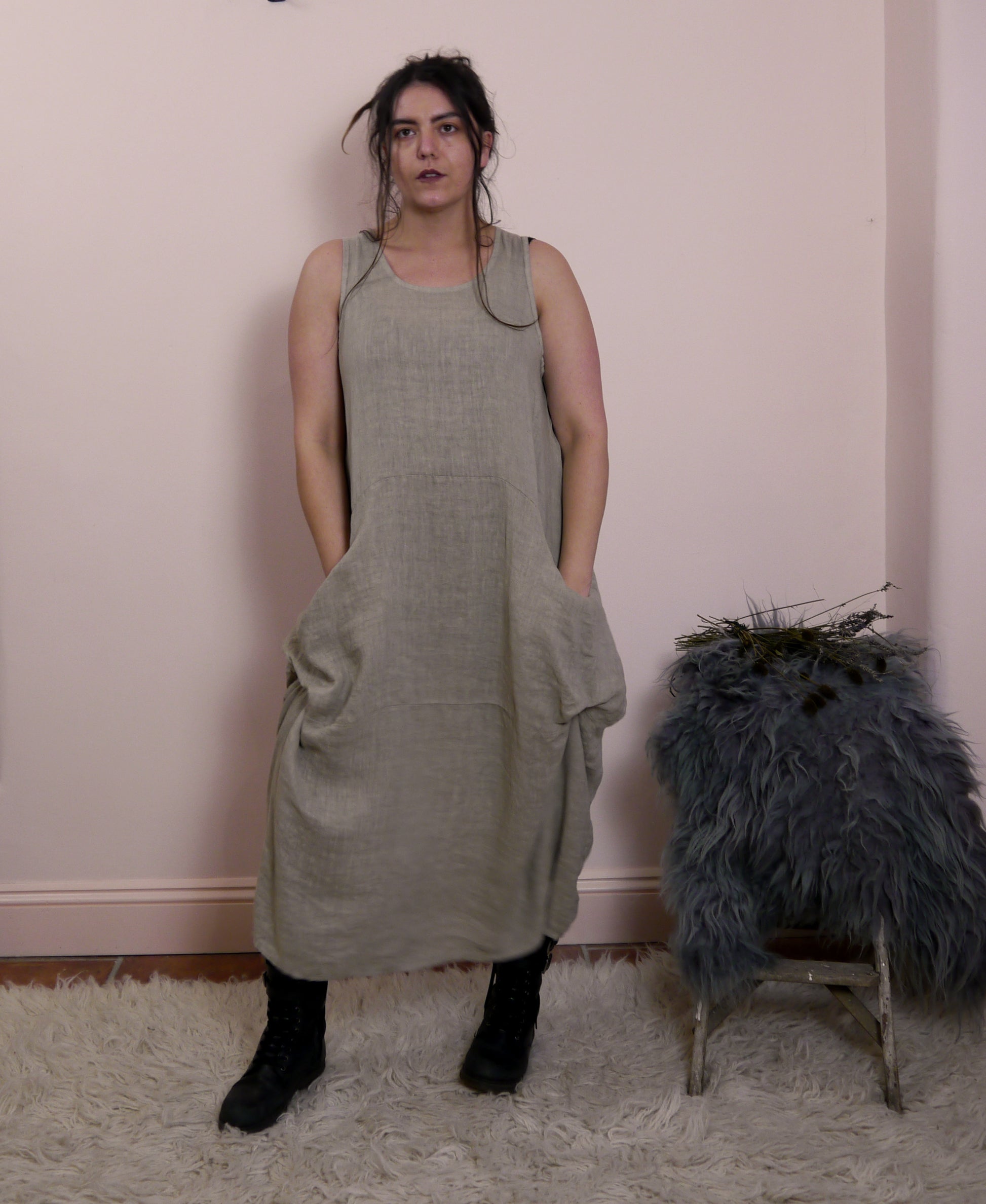 Linen Sleeveless Maxi Cocoon Dress with Pockets in Mole