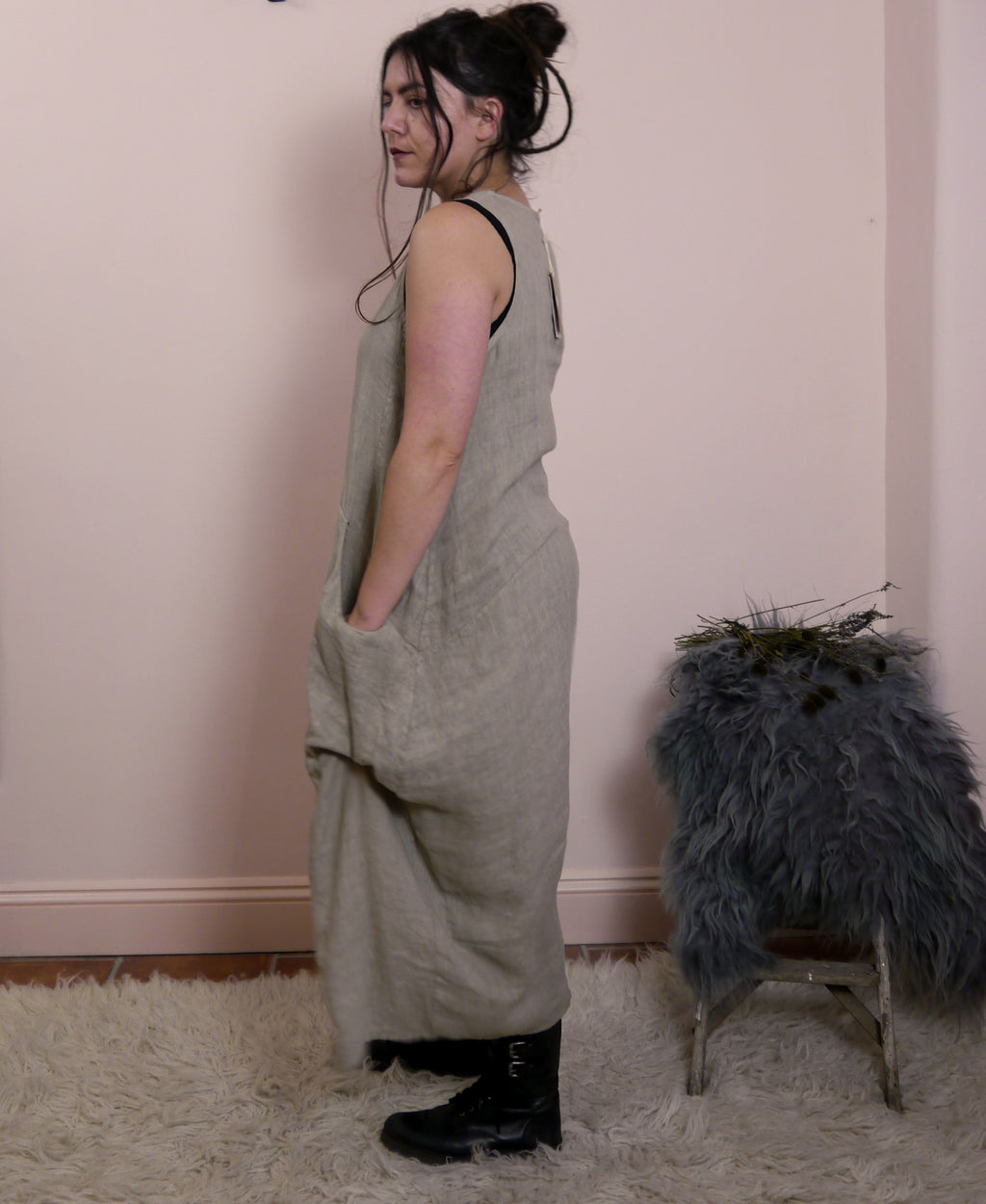 Linen Sleeveless Maxi Cocoon Dress with Pockets in Mole