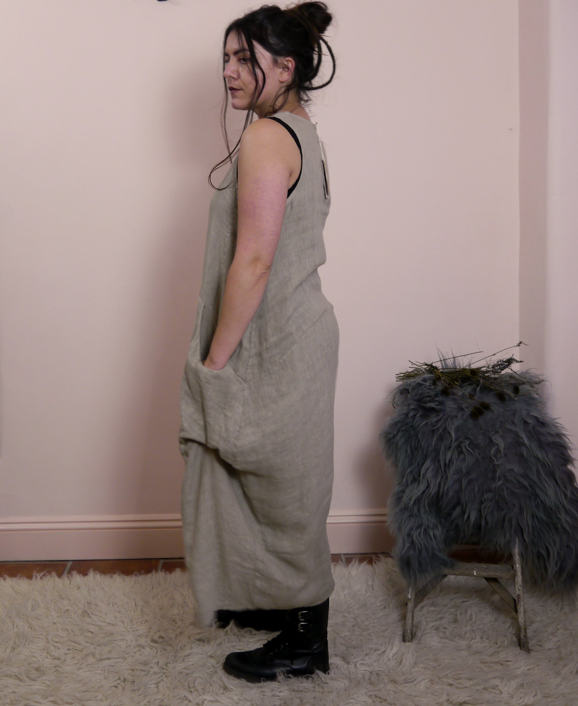 Linen Sleeveless Maxi Cocoon Dress with Pockets in Mole