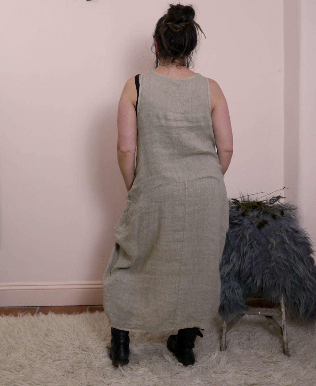 Linen Sleeveless Maxi Cocoon Dress with Pockets in Mole