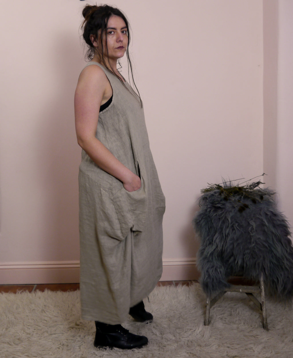 Linen Sleeveless Maxi Cocoon Dress with Pockets in Mole