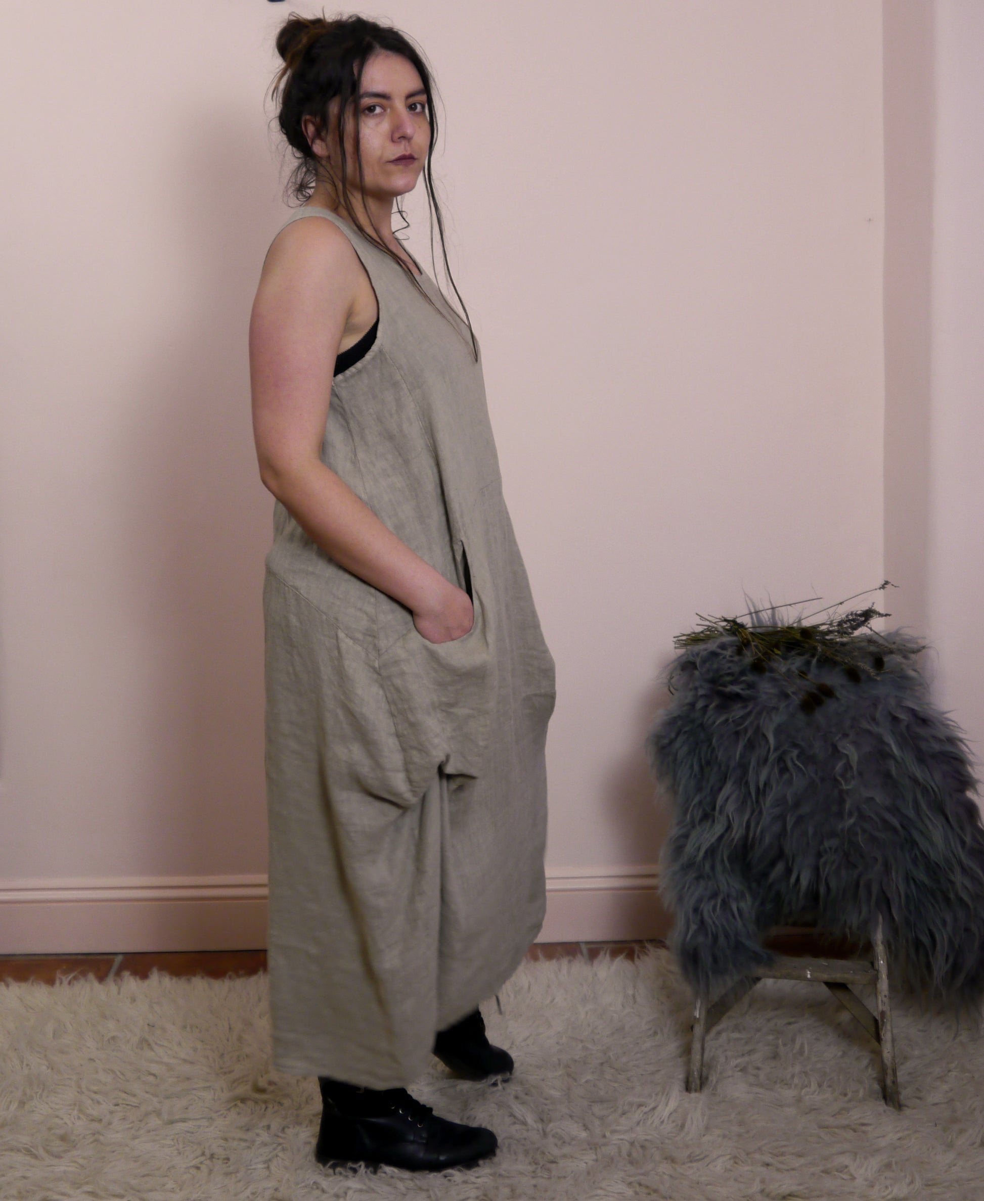 Linen Sleeveless Maxi Cocoon Dress with Pockets in Mole