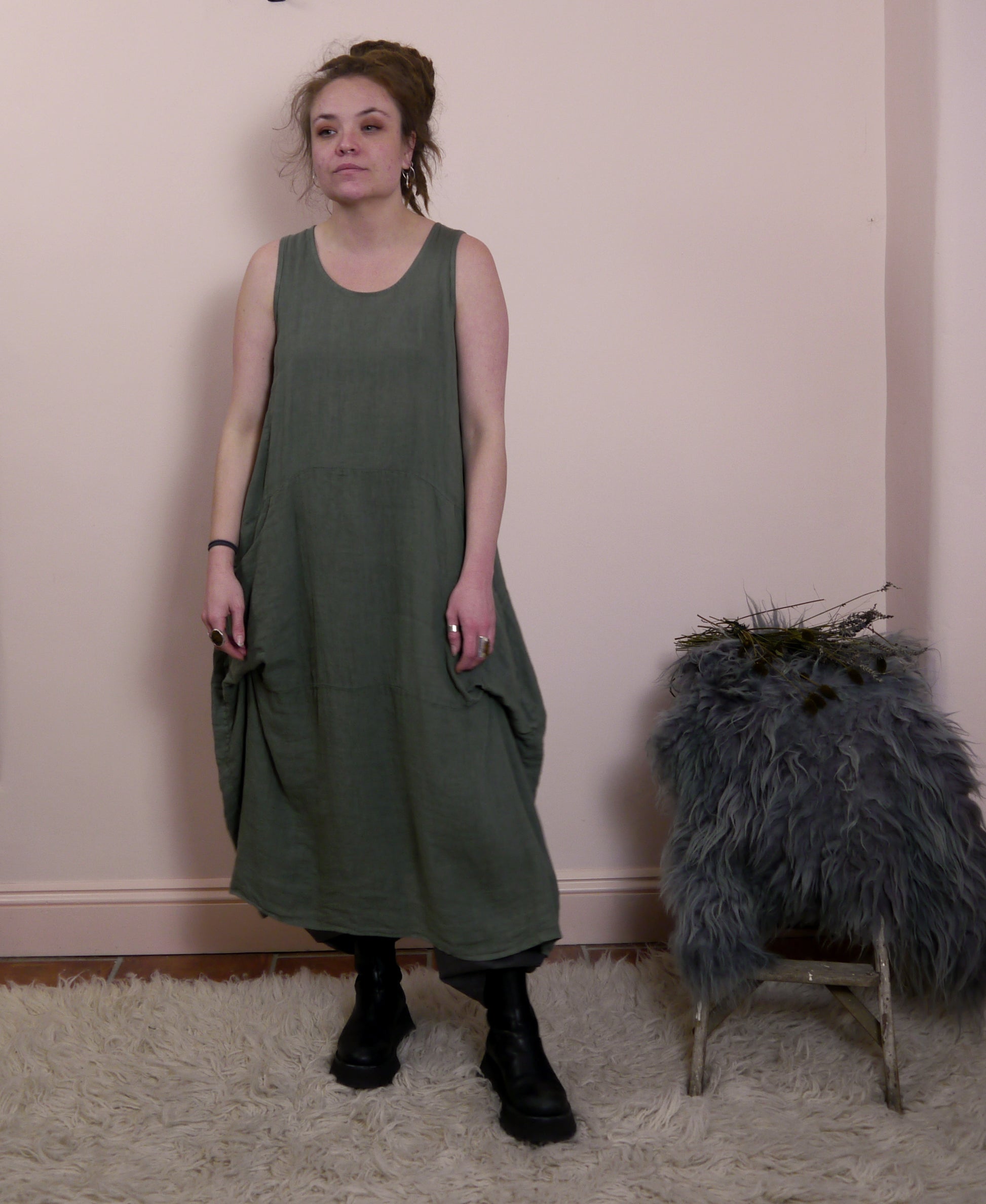 Linen Sleeveless Maxi Cocoon Dress with Pockets in Lichen