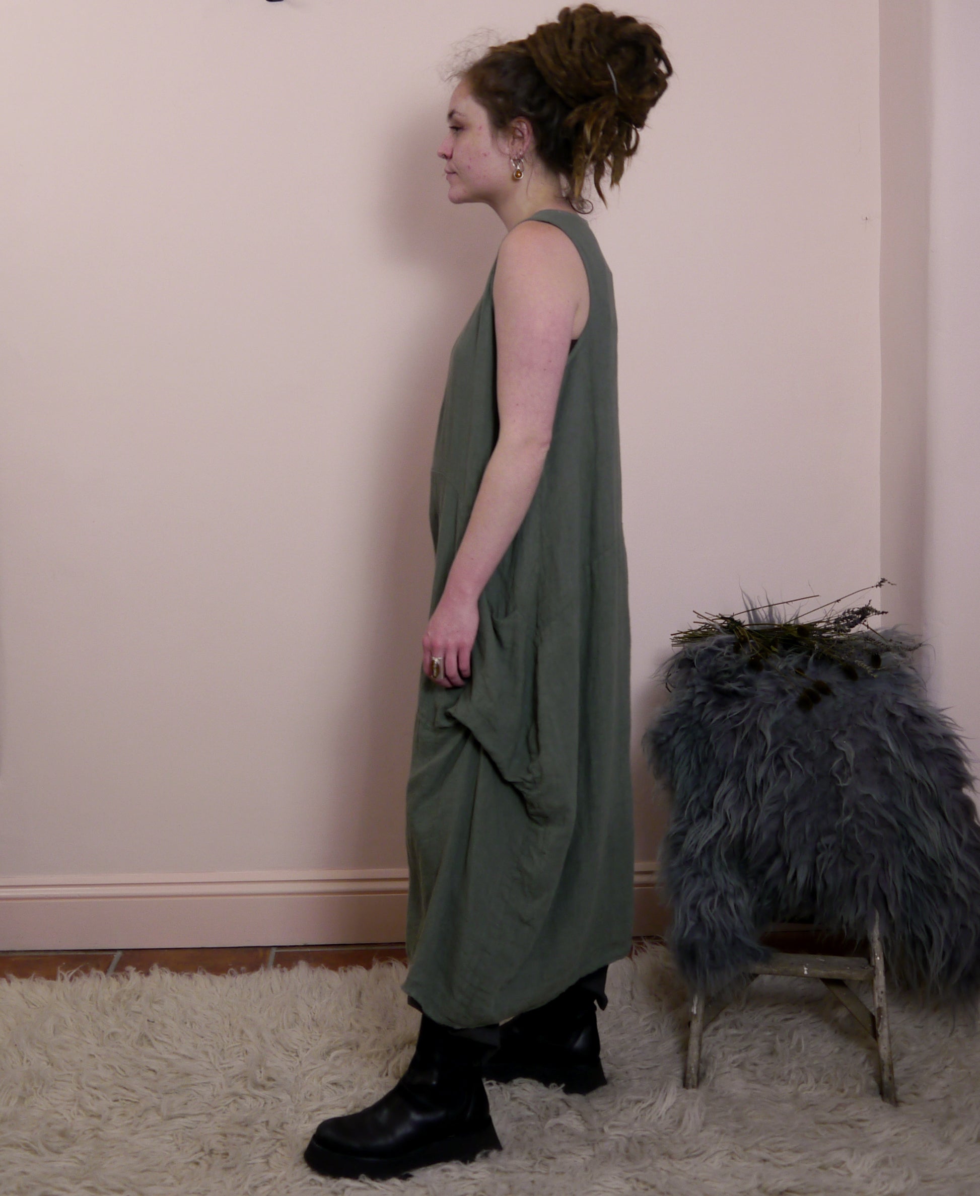 Linen Sleeveless Maxi Cocoon Dress with Pockets in Lichen