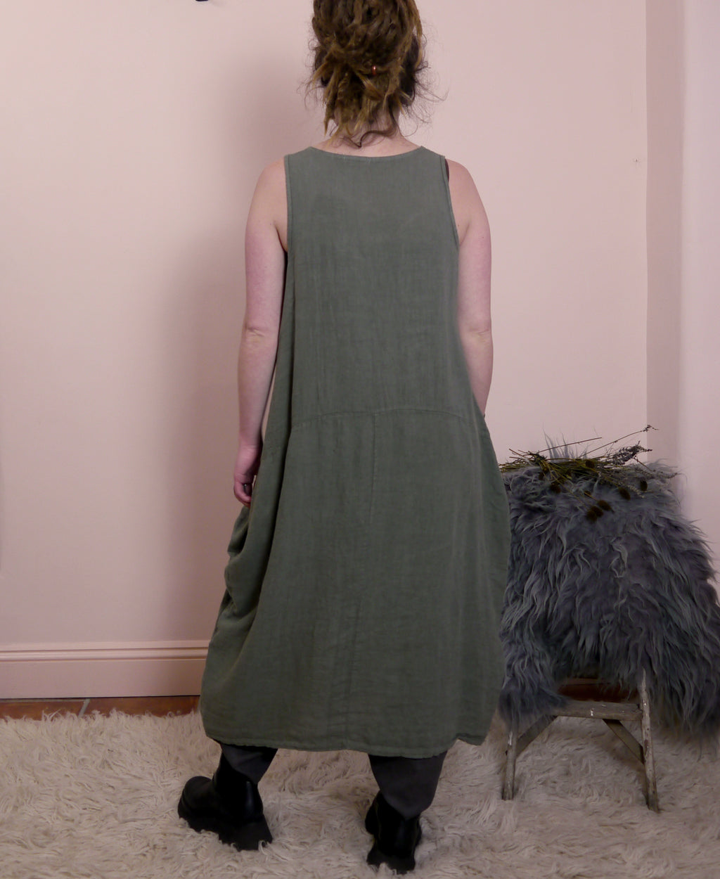 Linen Sleeveless Maxi Cocoon Dress with Pockets in Lichen