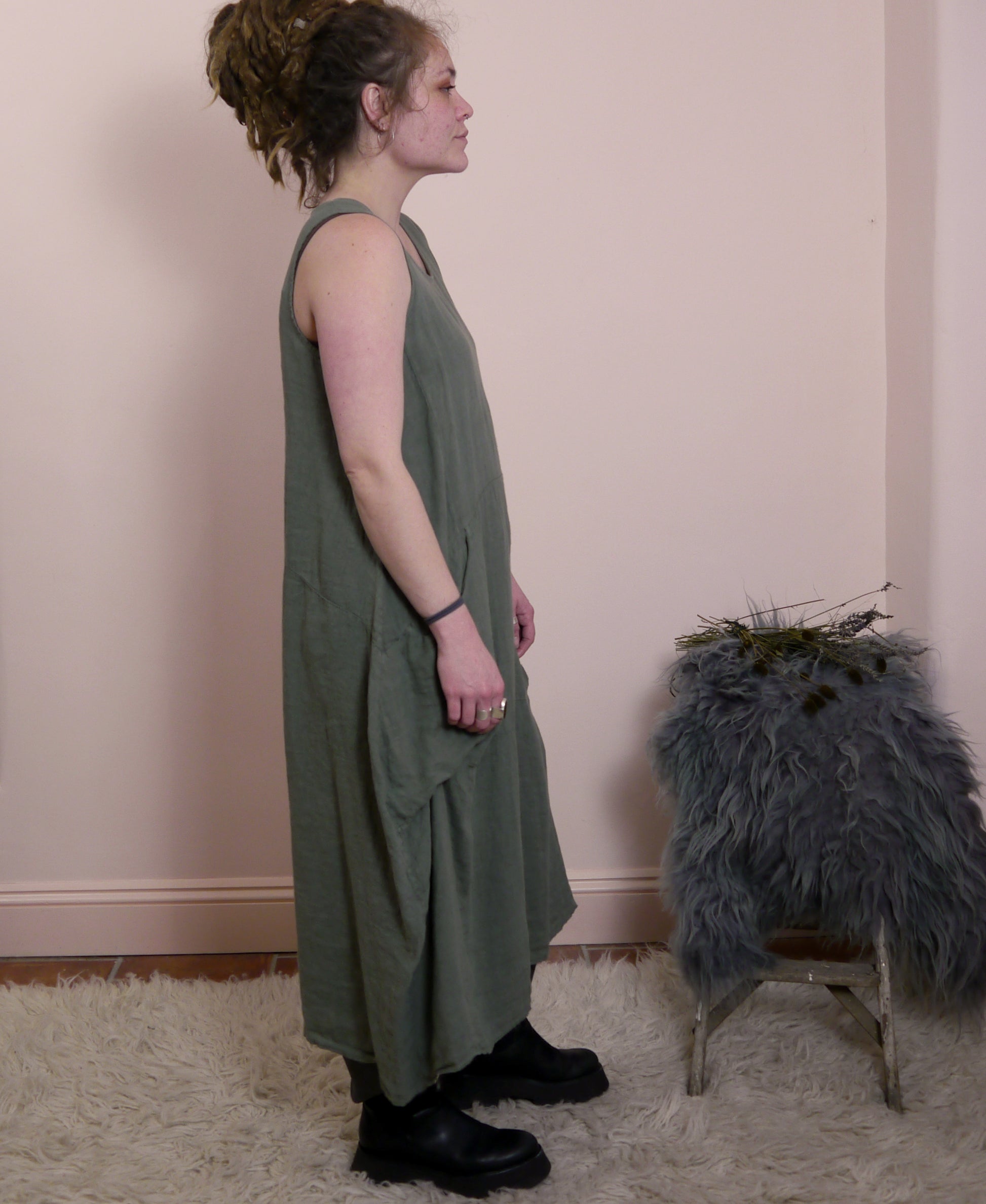 Linen Sleeveless Maxi Cocoon Dress with Pockets in Lichen