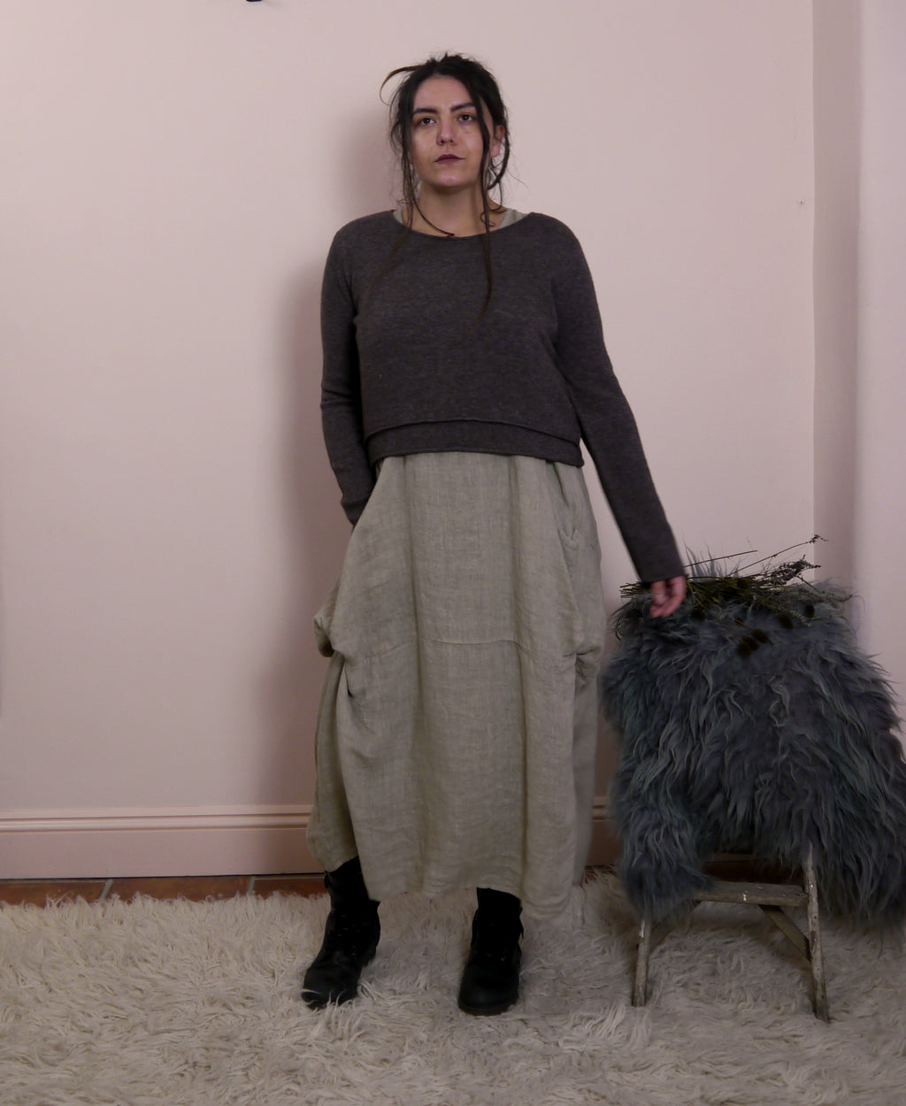 Lambswool/Cashmere Cropped Layered Jumper in Otter