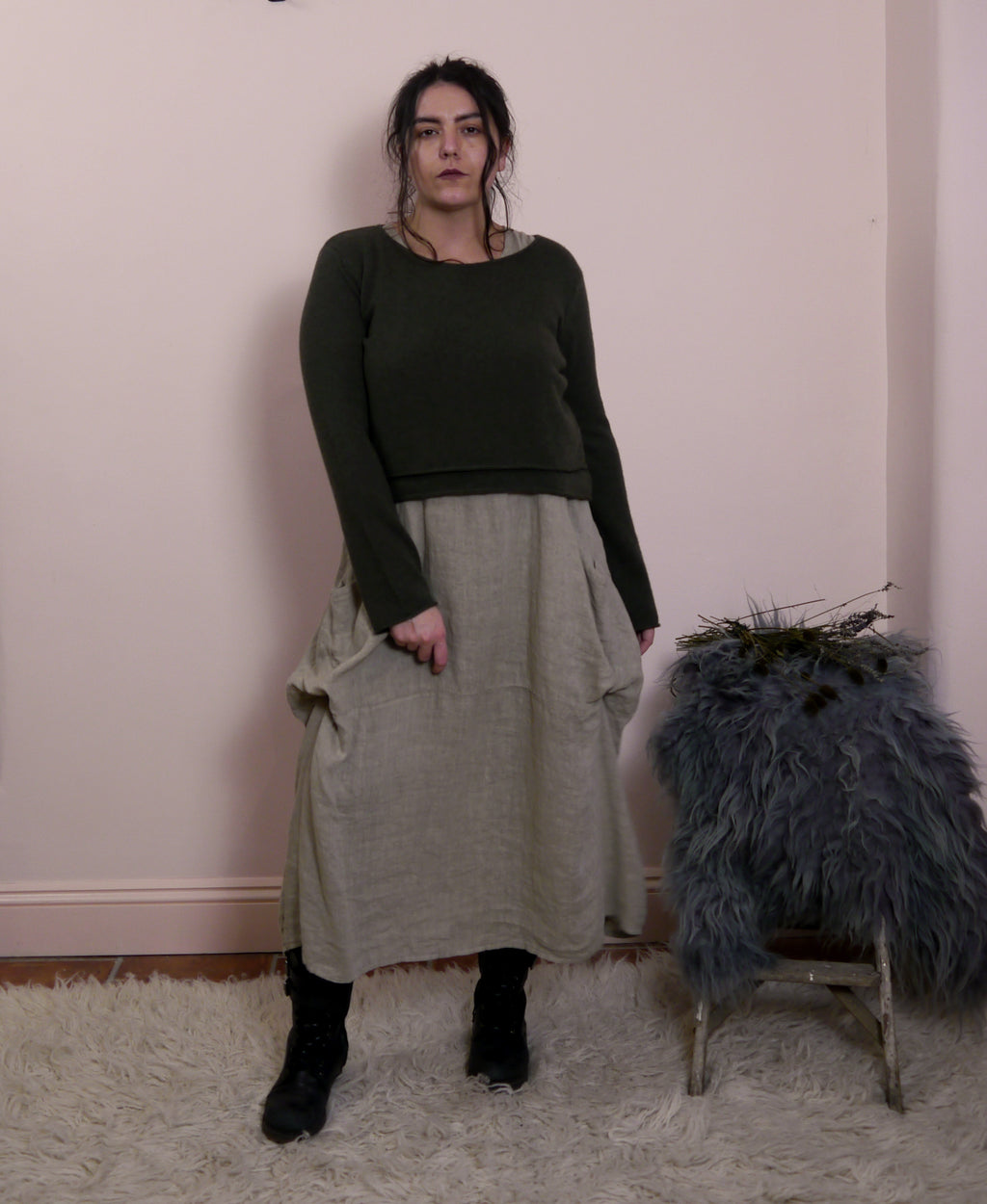 Linen Sleeveless Maxi Cocoon Dress with Pockets in Mole