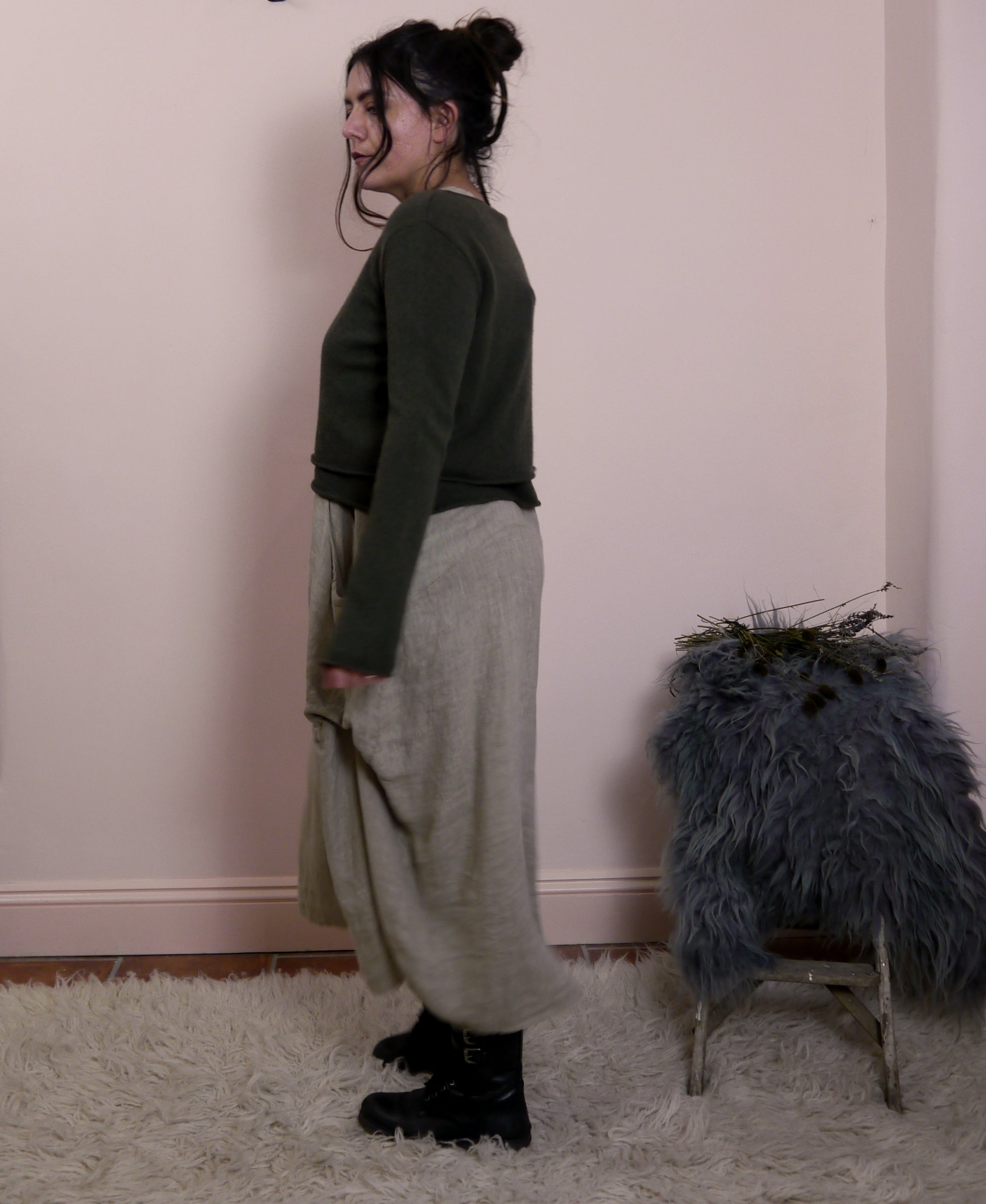Lambswool/Cashmere Cropped Layered Jumper in Fir Green