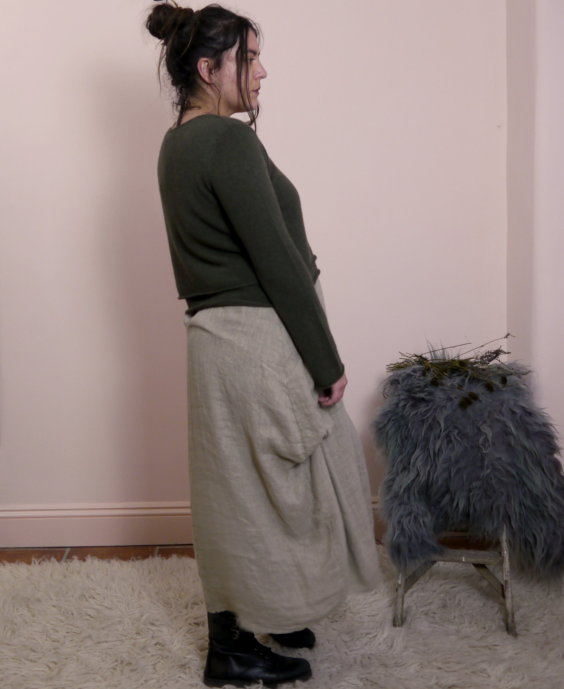 Lambswool/Cashmere Cropped Layered Jumper in Fir Green