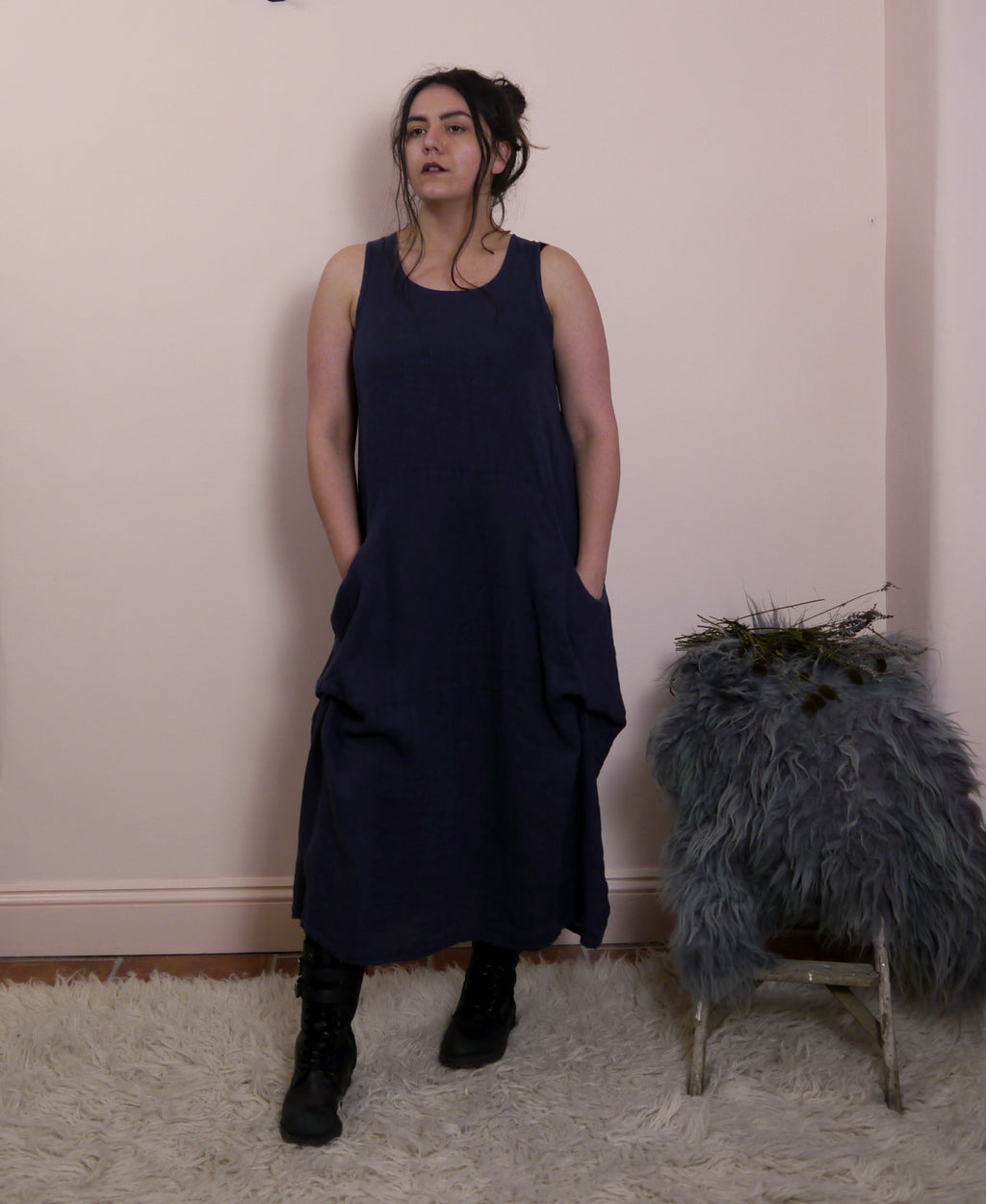 Linen Sleeveless Maxi Cocoon Dress with Pockets in Midnight