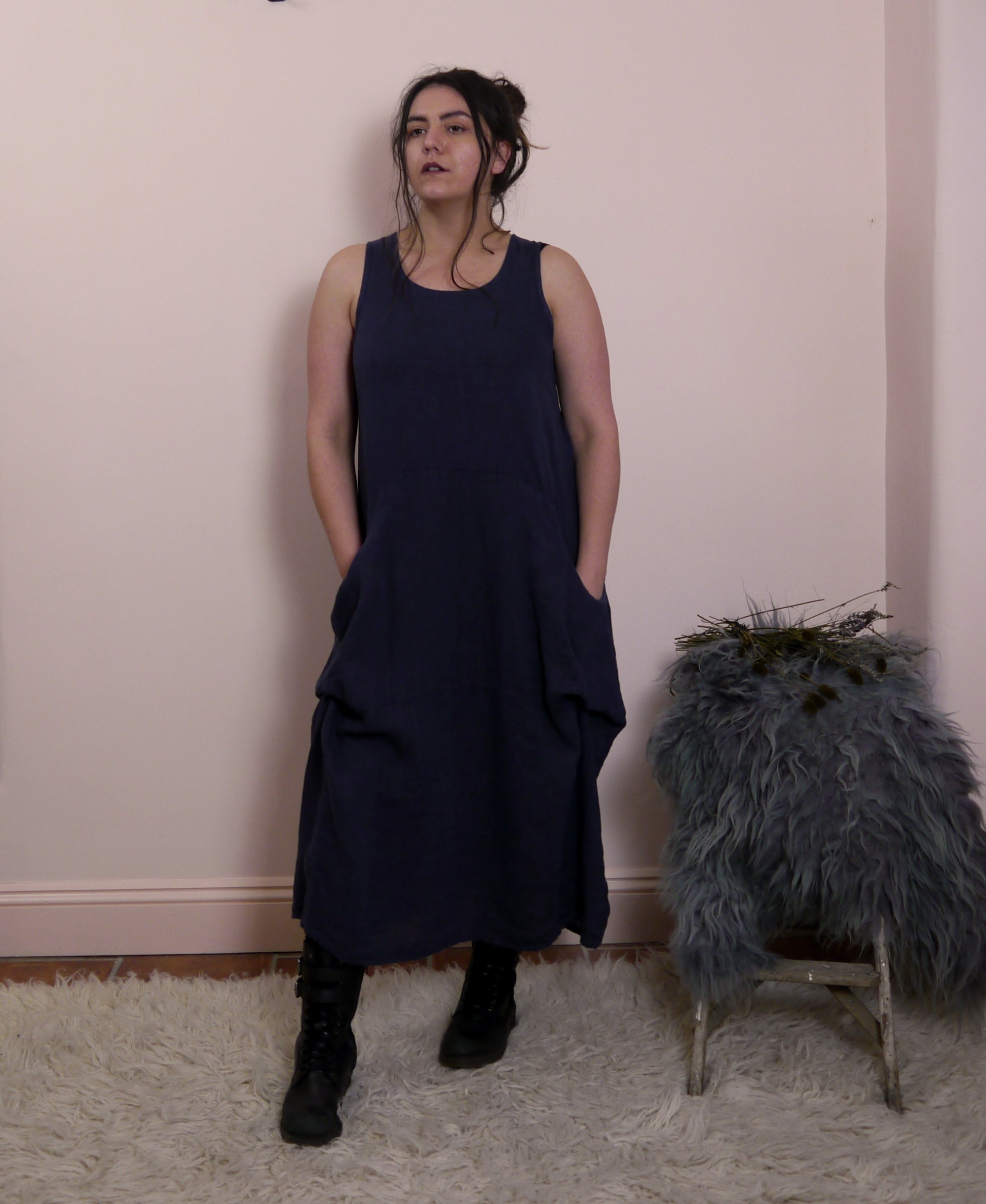 Linen Sleeveless Maxi Cocoon Dress with Pockets in Midnight
